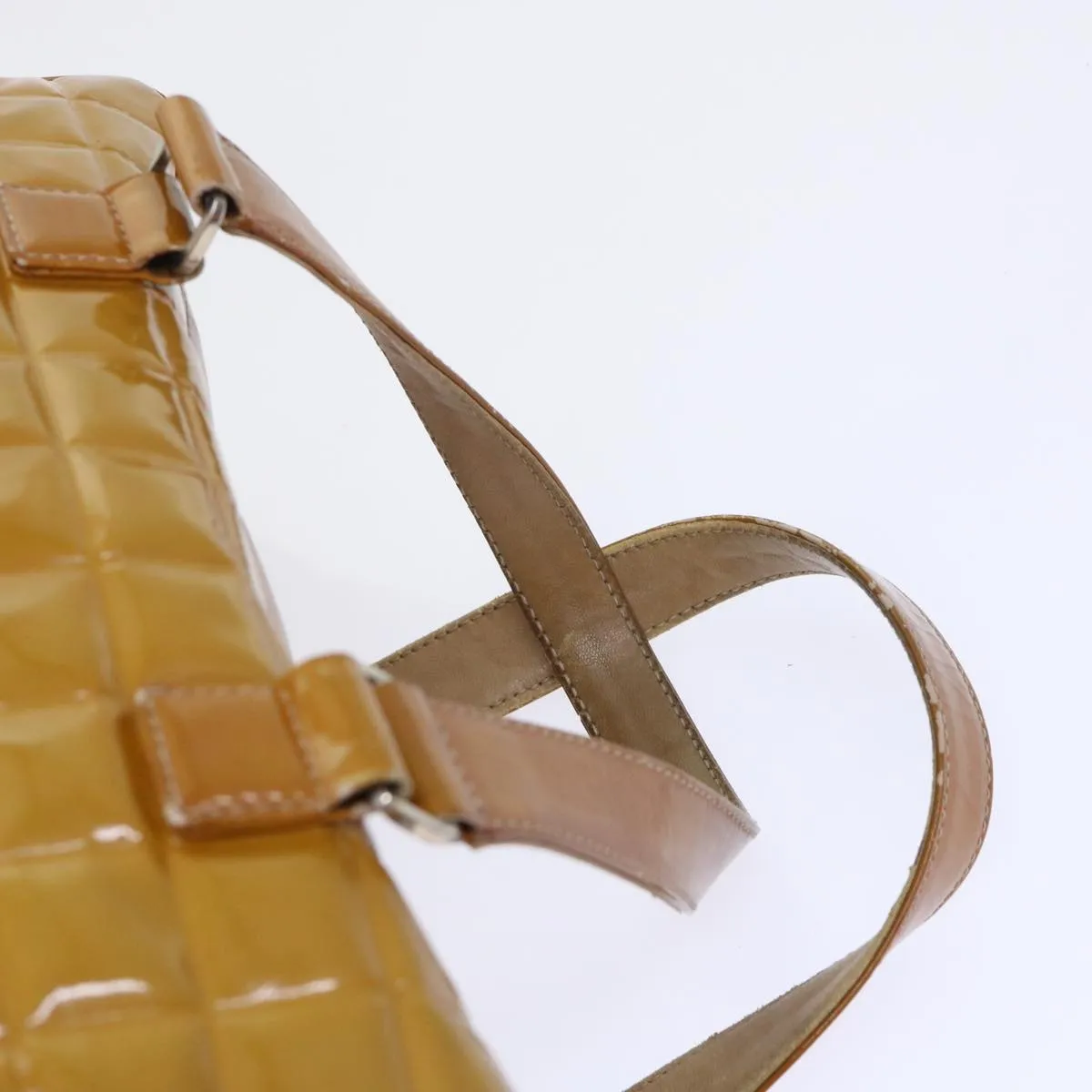 CHANEL Choco Bar Line Shoulder Bag Patent leather Yellow CC Auth bs7801
