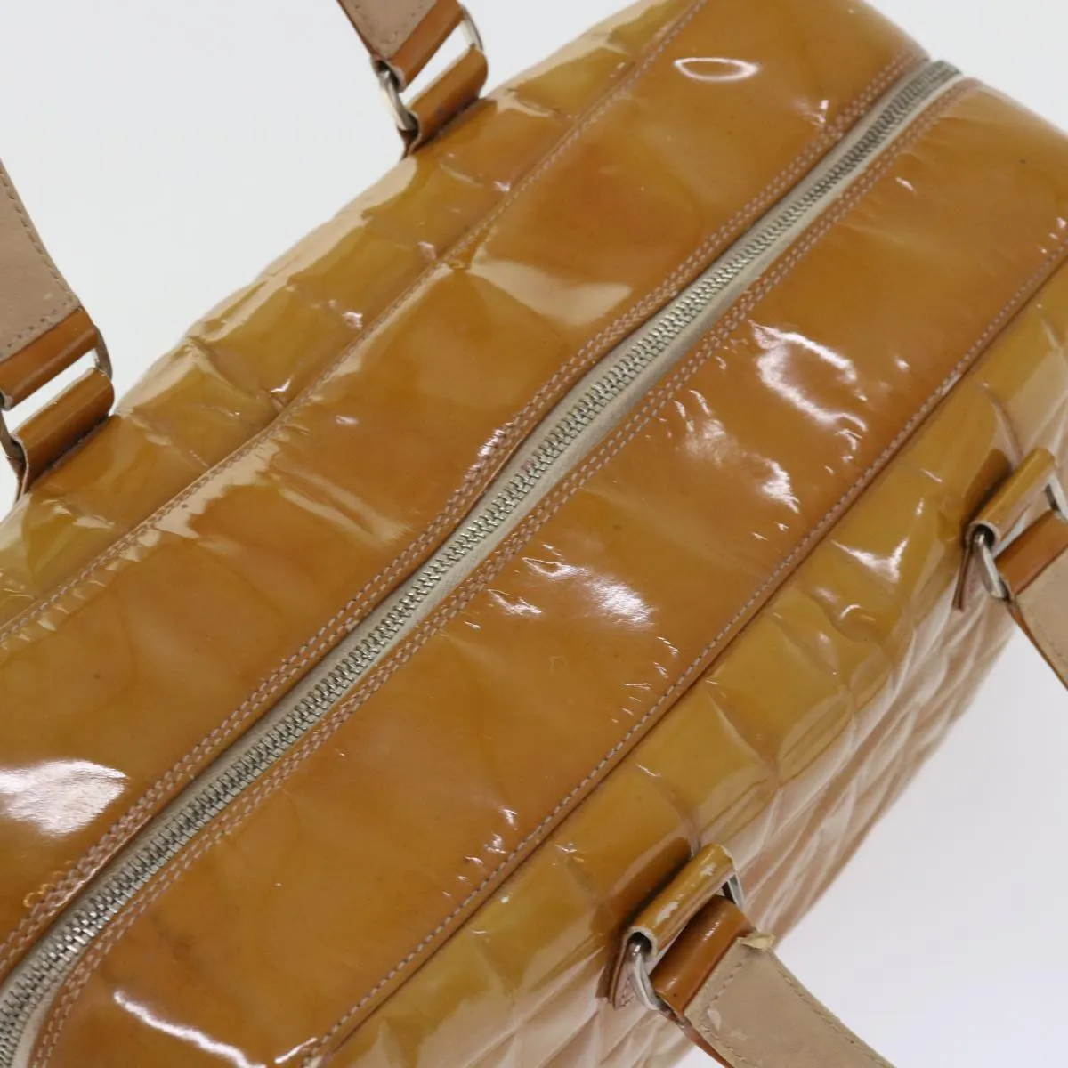CHANEL Choco Bar Line Shoulder Bag Patent leather Yellow CC Auth bs7801
