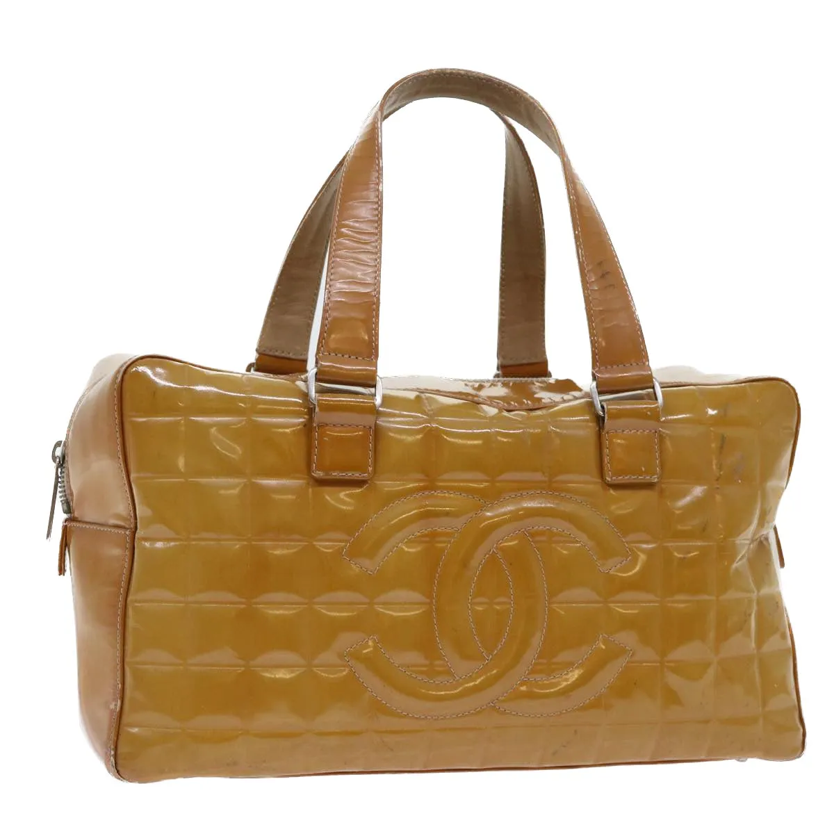 CHANEL Choco Bar Line Shoulder Bag Patent leather Yellow CC Auth bs7801