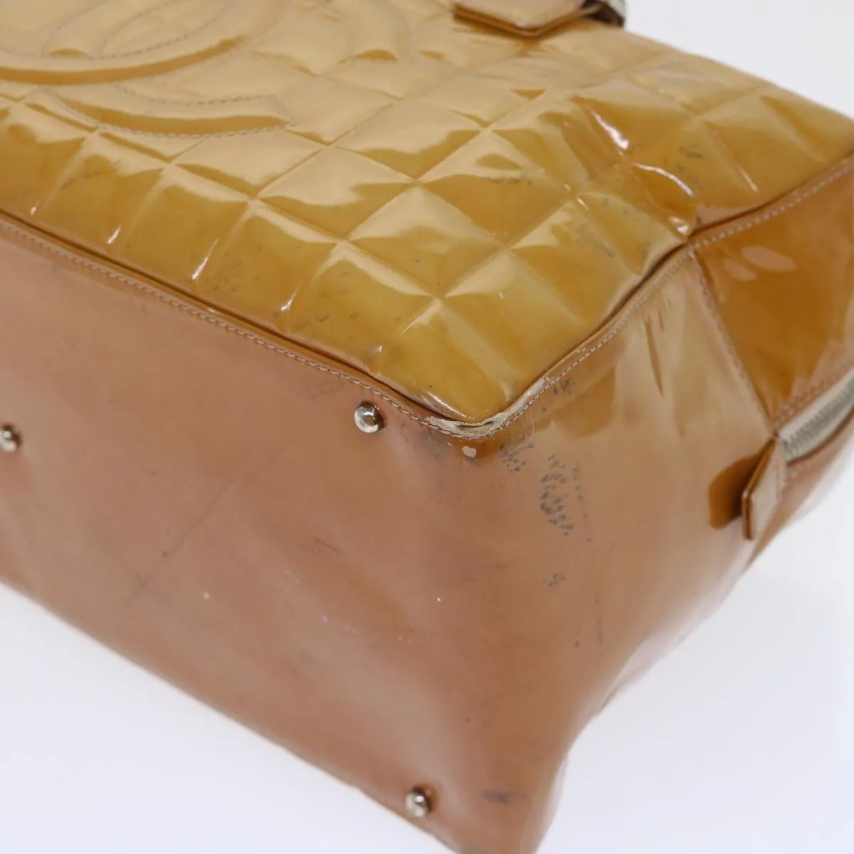 CHANEL Choco Bar Line Shoulder Bag Patent leather Yellow CC Auth bs7801
