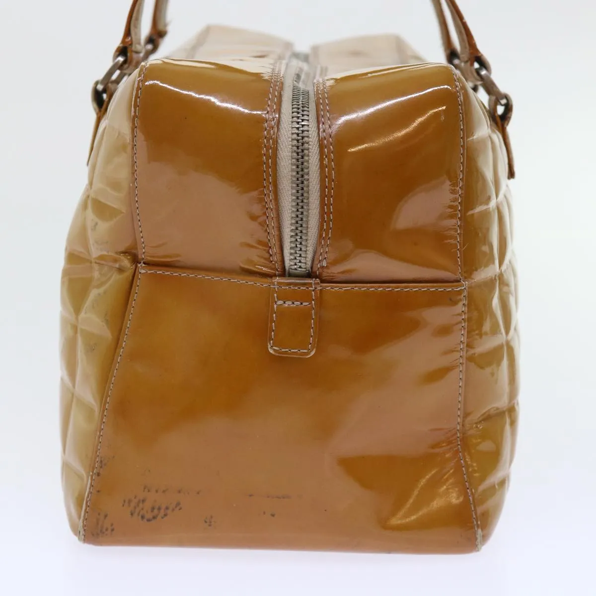 CHANEL Choco Bar Line Shoulder Bag Patent leather Yellow CC Auth bs7801