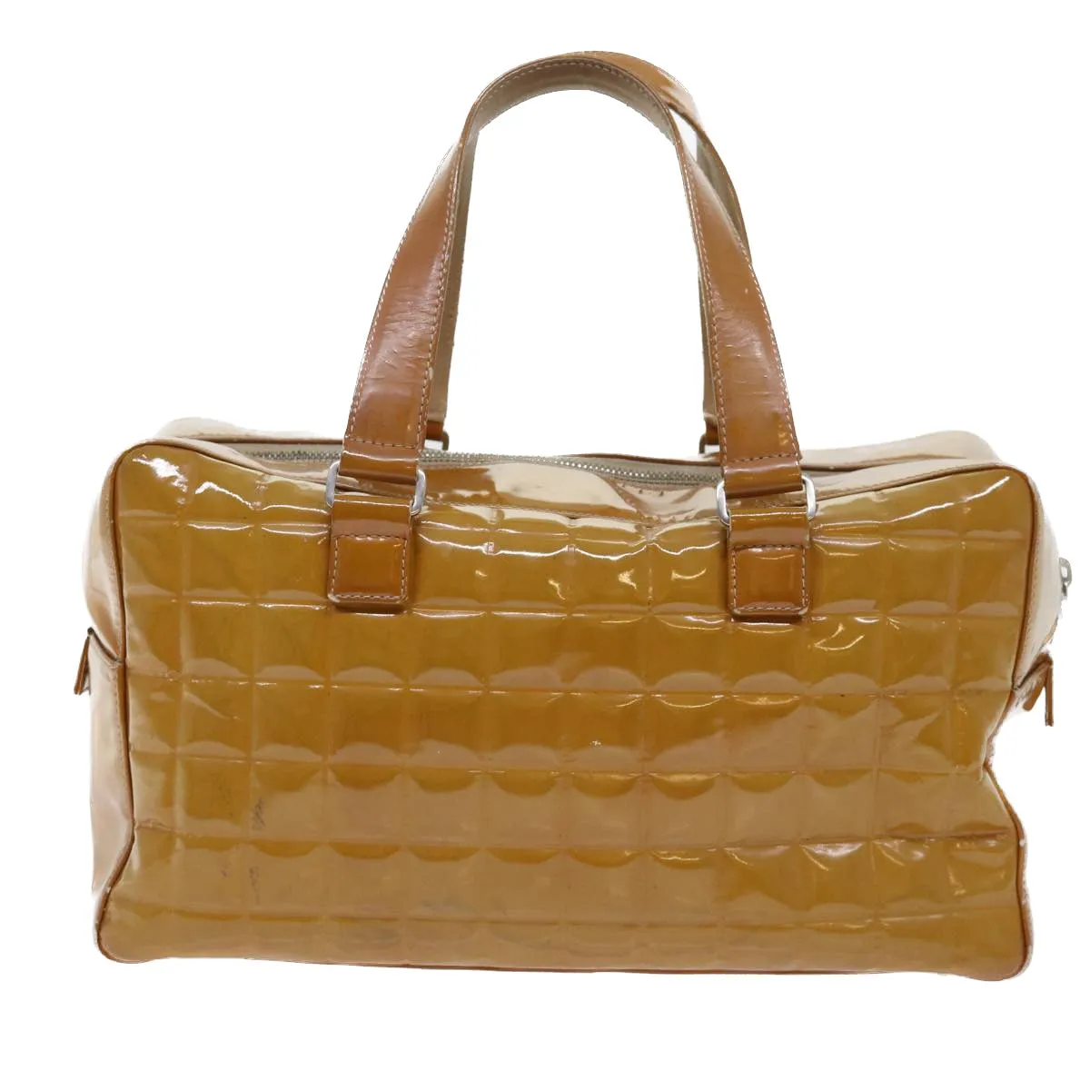 CHANEL Choco Bar Line Shoulder Bag Patent leather Yellow CC Auth bs7801