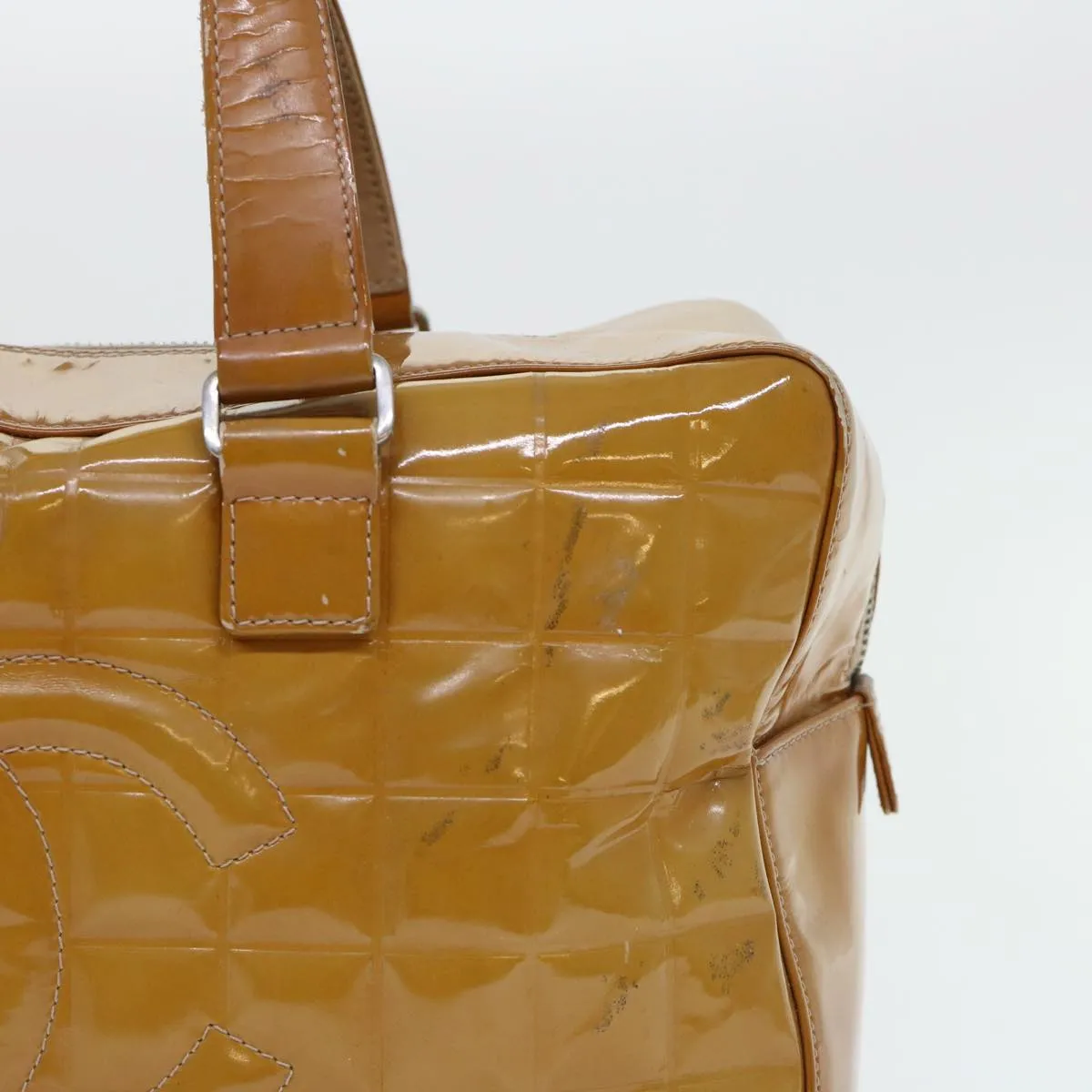CHANEL Choco Bar Line Shoulder Bag Patent leather Yellow CC Auth bs7801