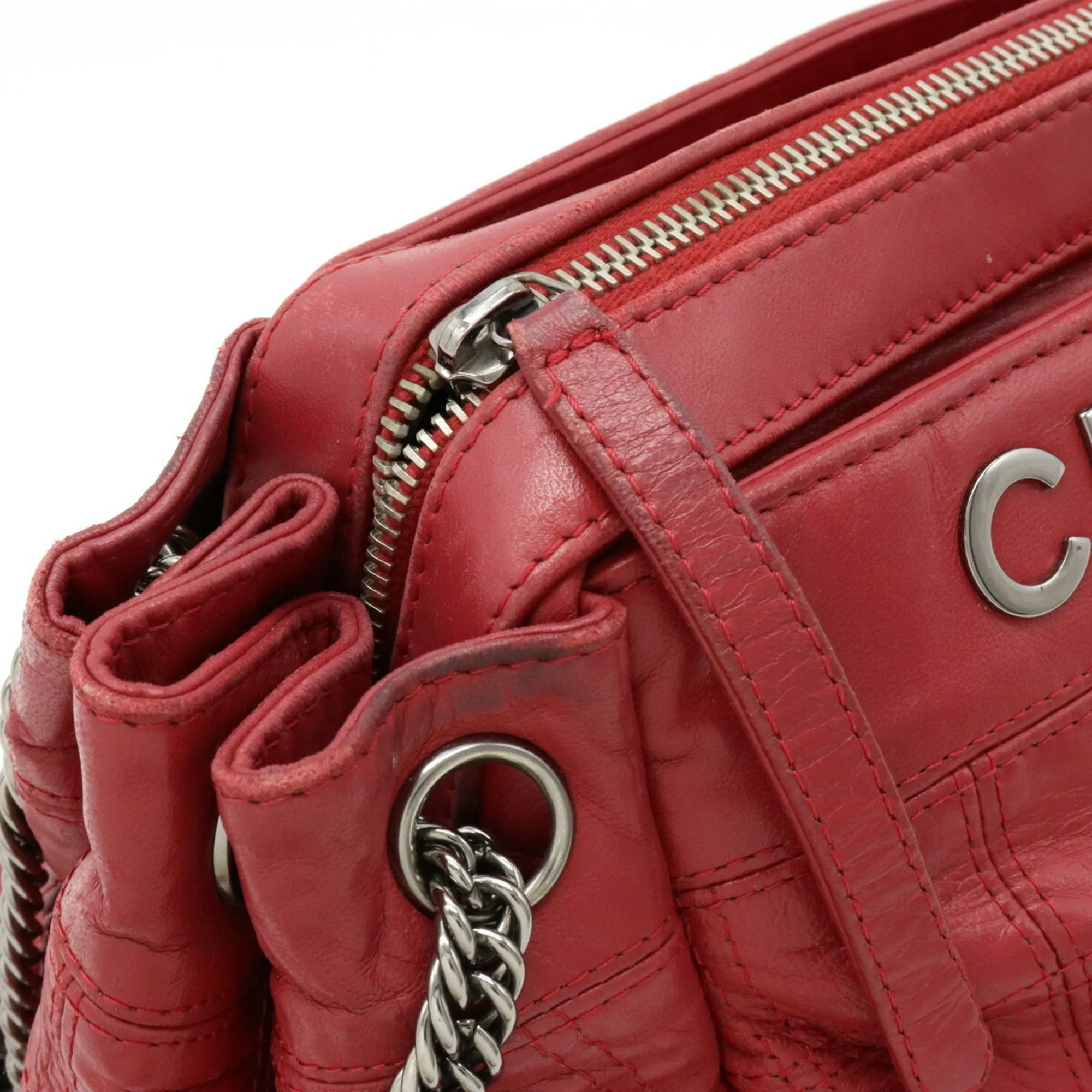 Chanel Chocolate Bar Chain Shoulder Bag Leather Rose Madder Pink Red