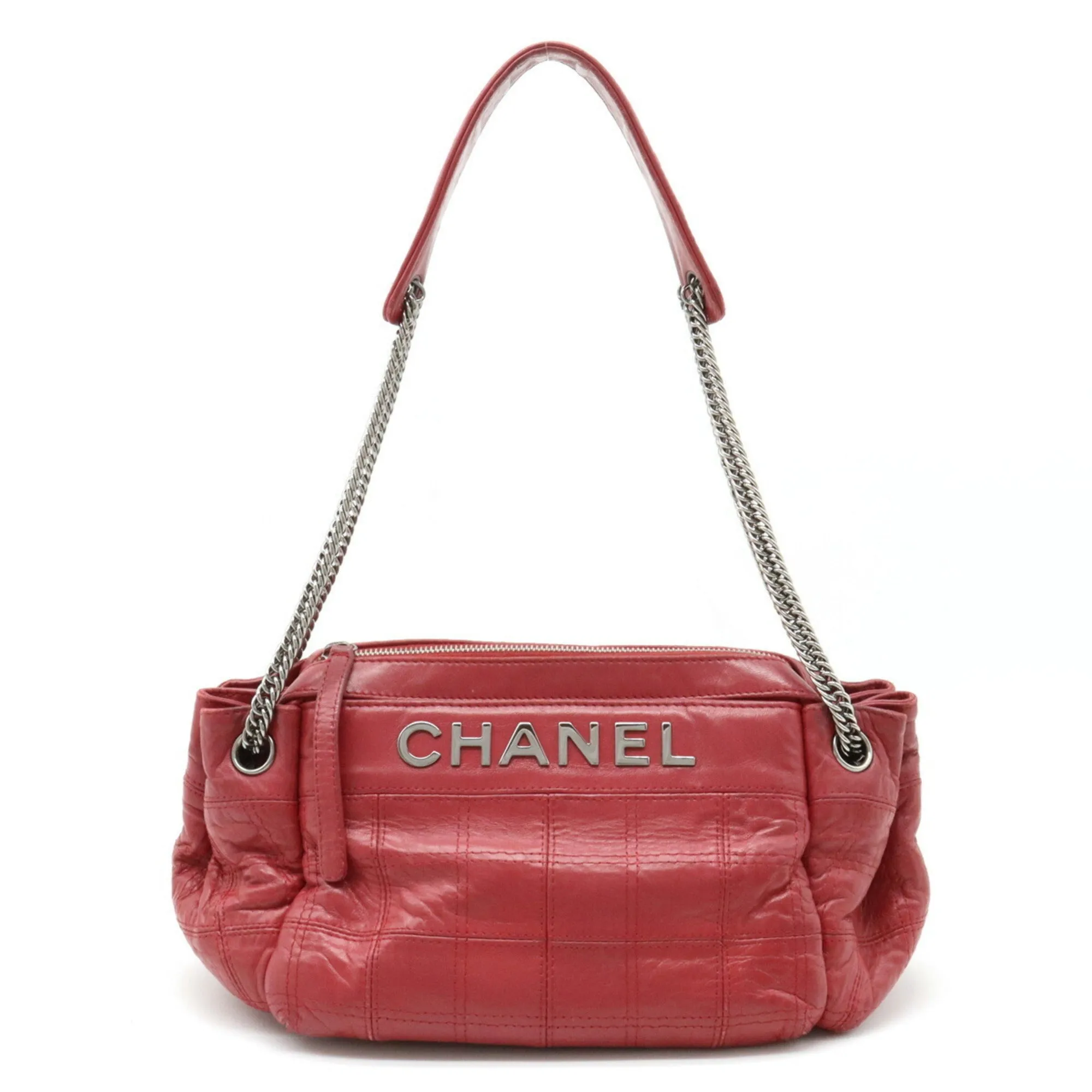 Chanel Chocolate Bar Chain Shoulder Bag Leather Rose Madder Pink Red