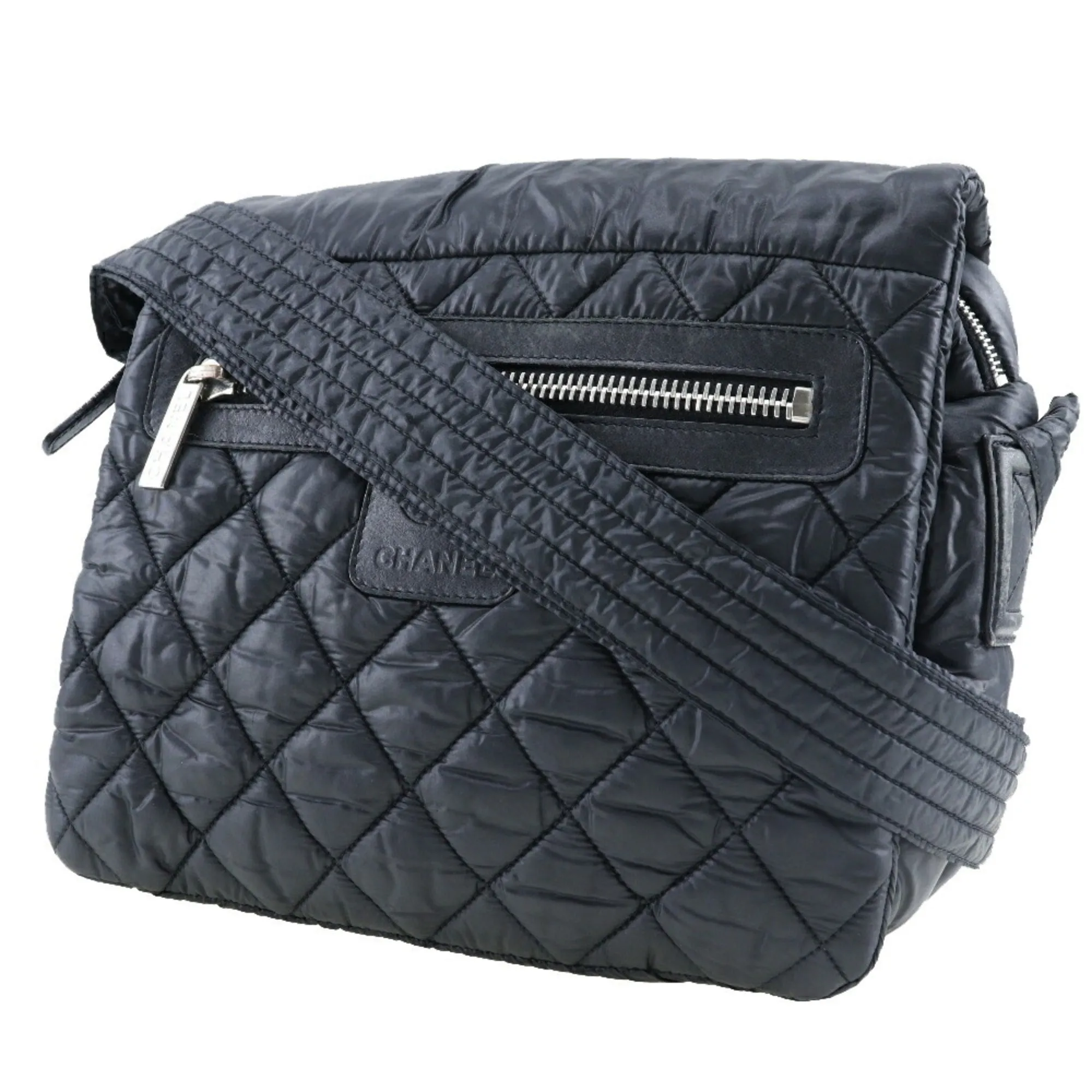 Chanel Chocolate Bar Shoulder Bag Cococoon Nylon x Leather Made in France Black Crossbody Zipper bar Ladies