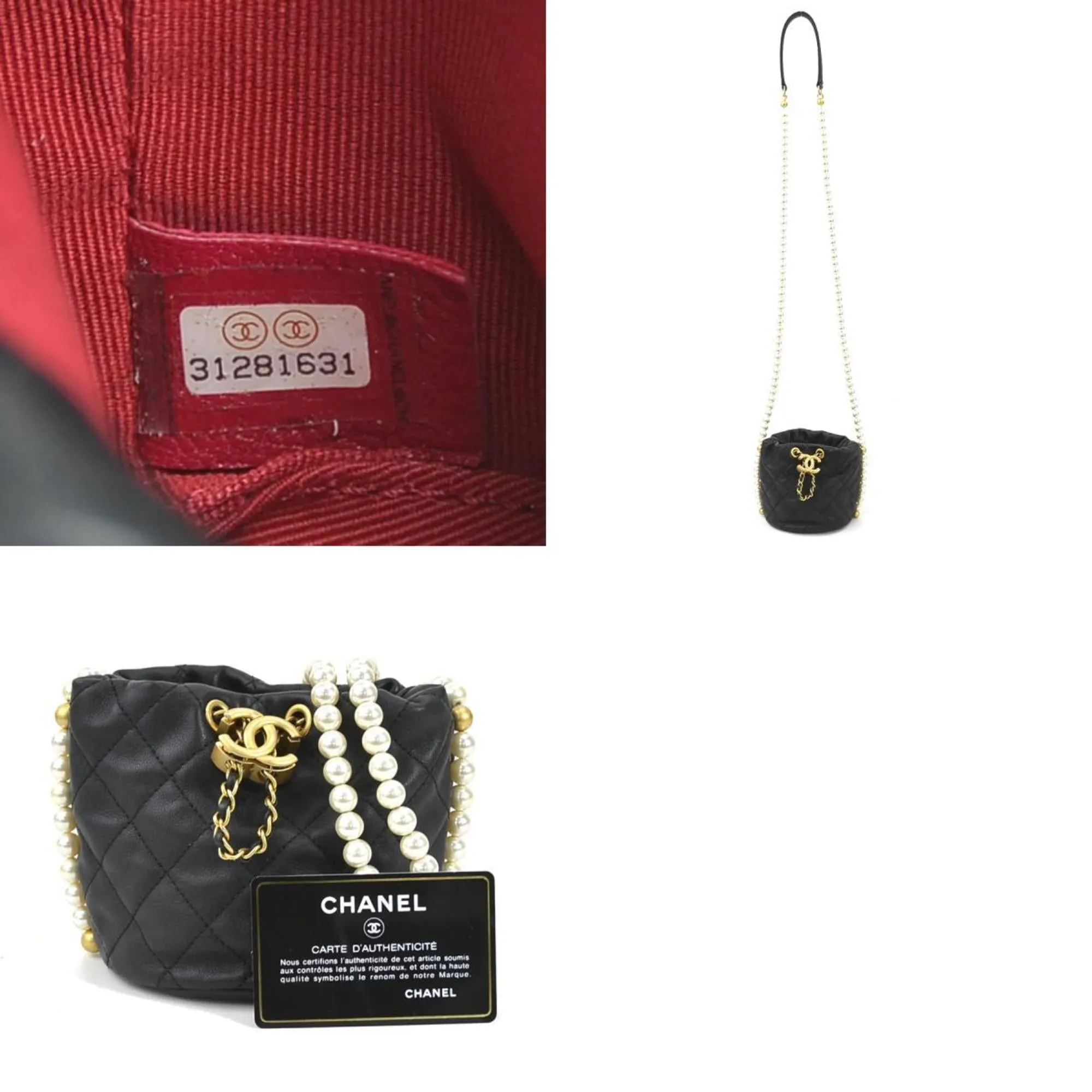 Chanel Crossbody Shoulder Bag Coco Mark Leather/Fake Pearl/Metal Black/Off-White/Gold Women's