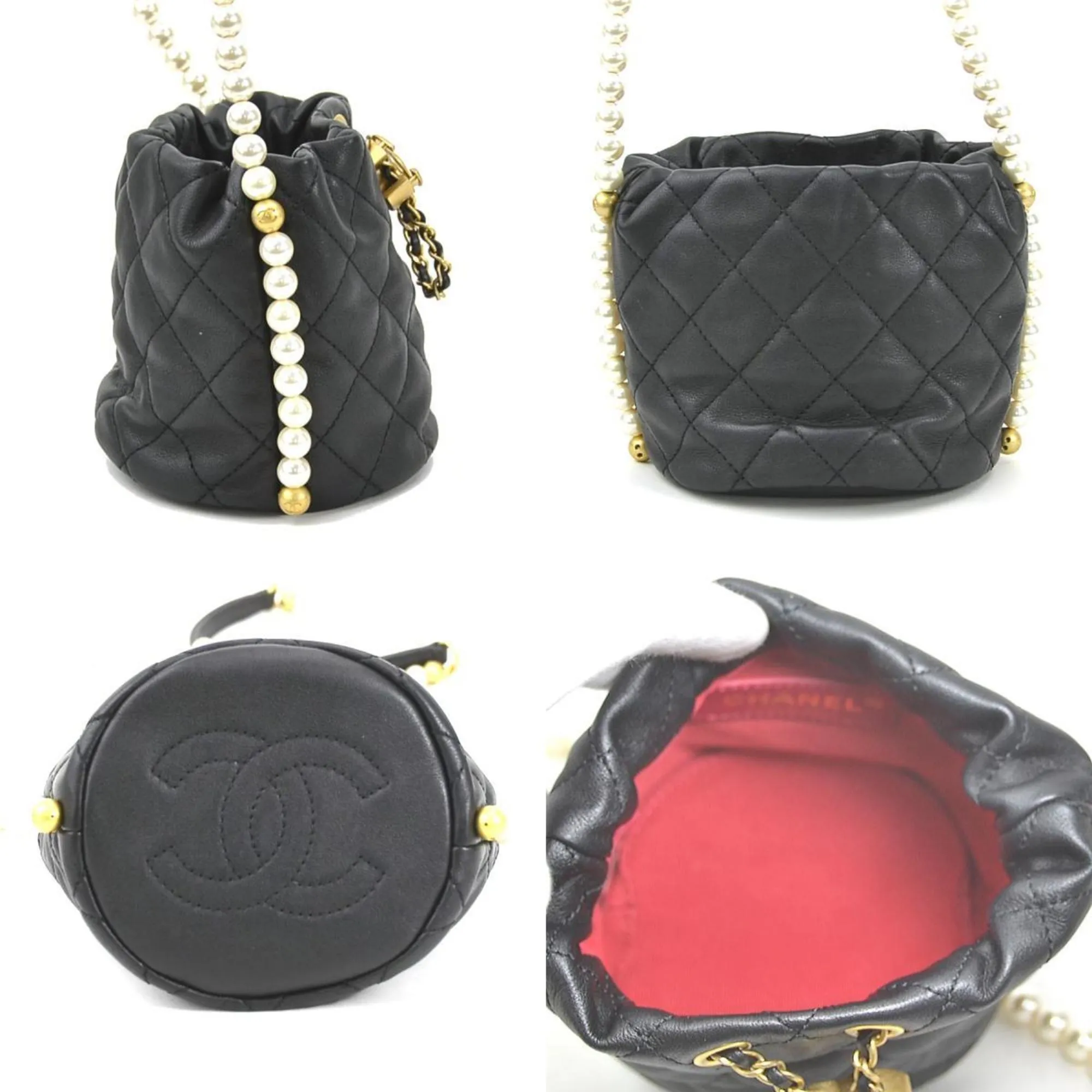 Chanel Crossbody Shoulder Bag Coco Mark Leather/Fake Pearl/Metal Black/Off-White/Gold Women's