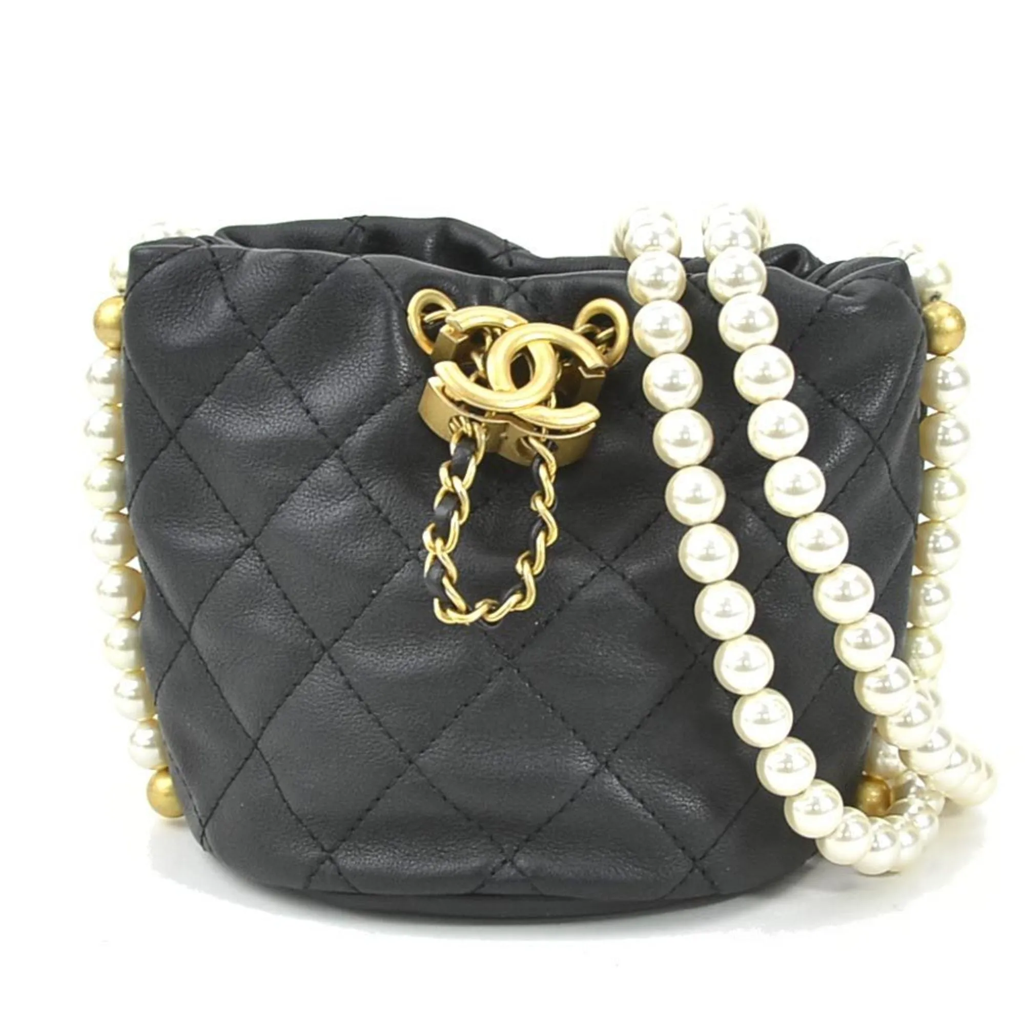 Chanel Crossbody Shoulder Bag Coco Mark Leather/Fake Pearl/Metal Black/Off-White/Gold Women's
