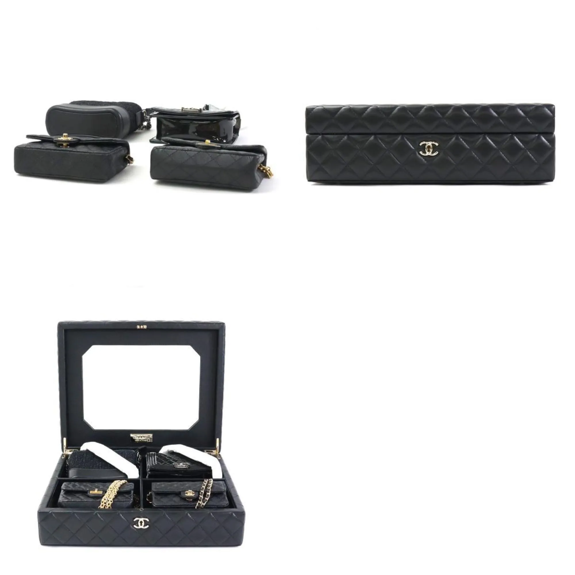 Chanel Diagonal Shoulder Bag Trunk Mini 4 Piece Set Success Story Leather Black Women's