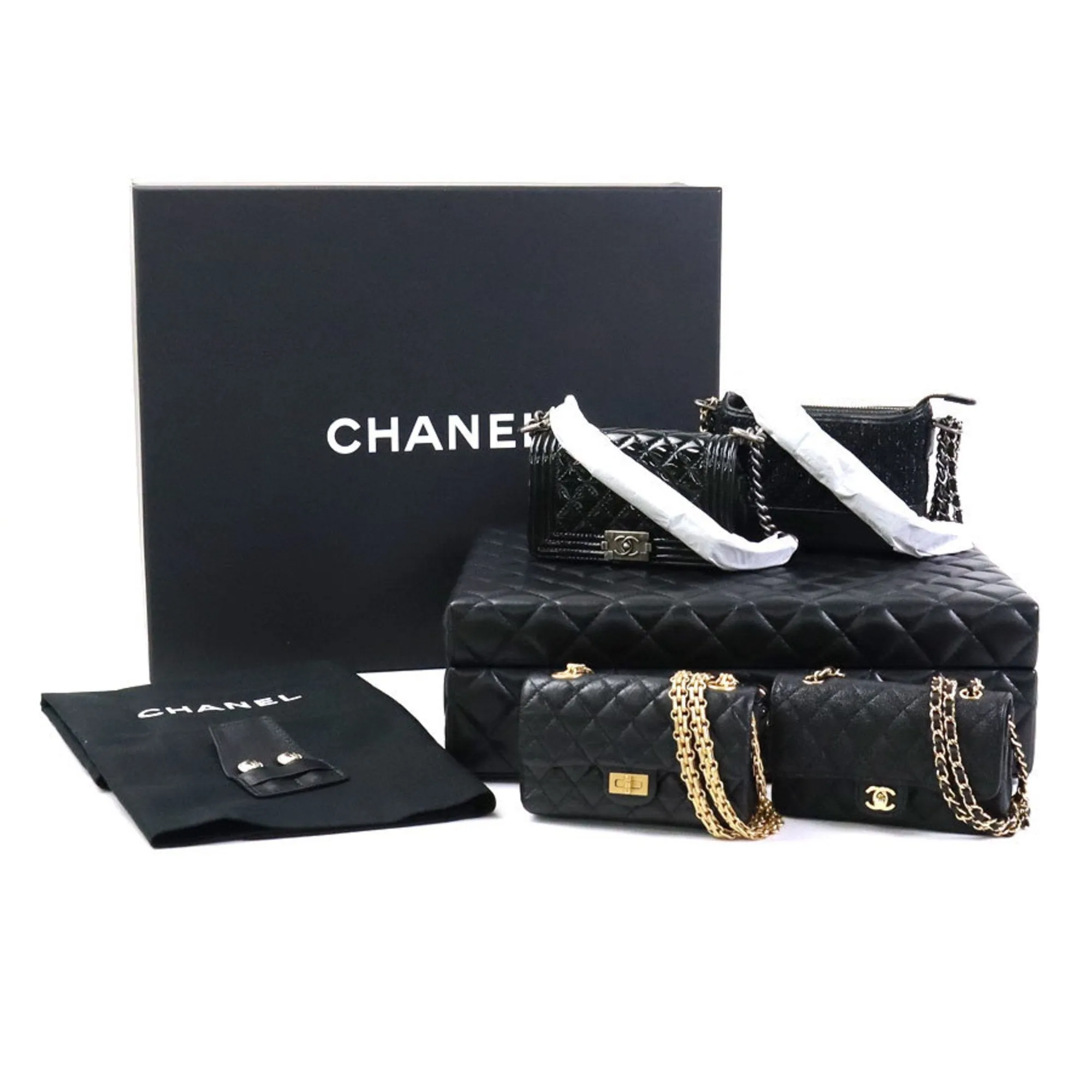 Chanel Diagonal Shoulder Bag Trunk Mini 4 Piece Set Success Story Leather Black Women's