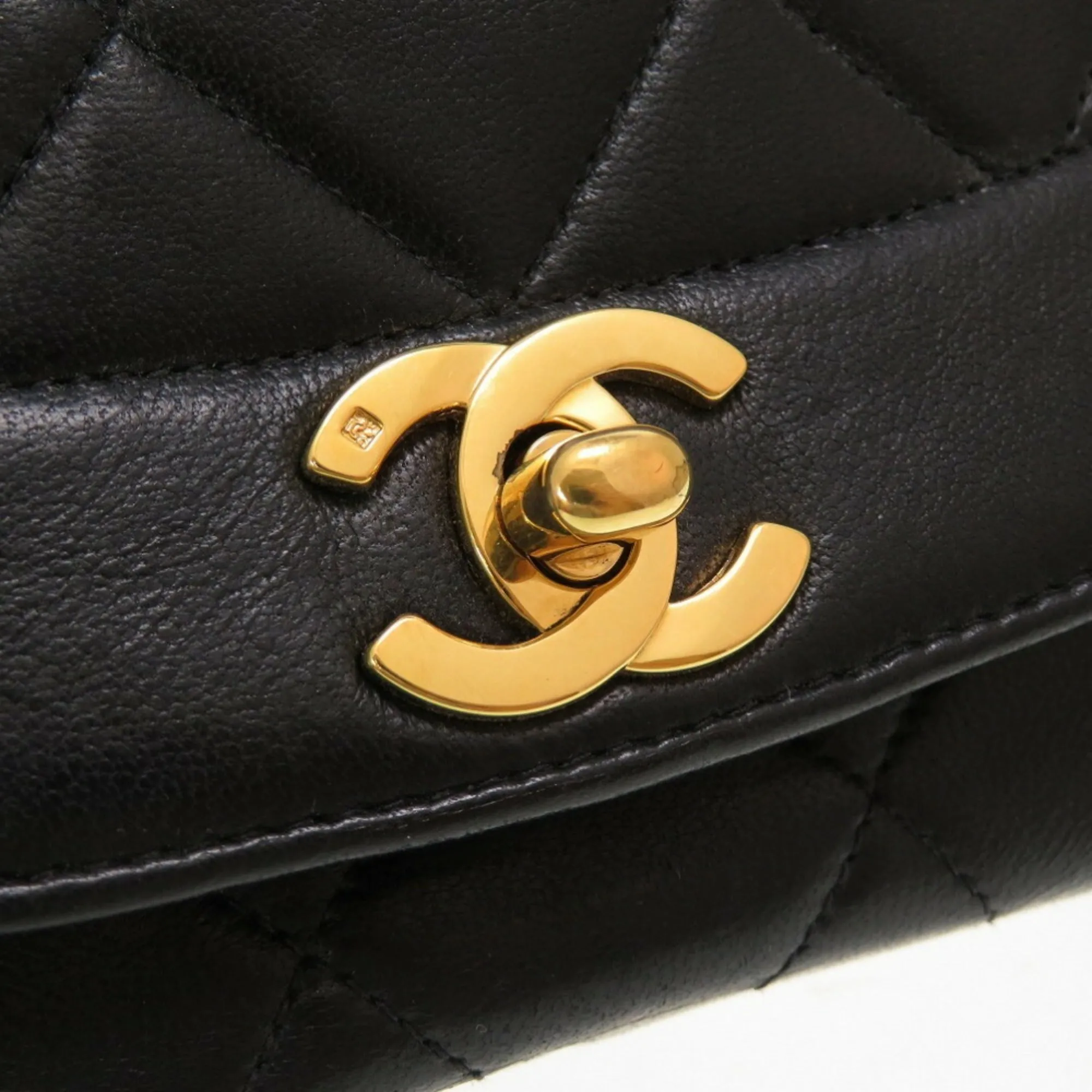 Chanel Diana Matelasse 25 Lambskin Black Gold Chain Shoulder Bag Coco Mark