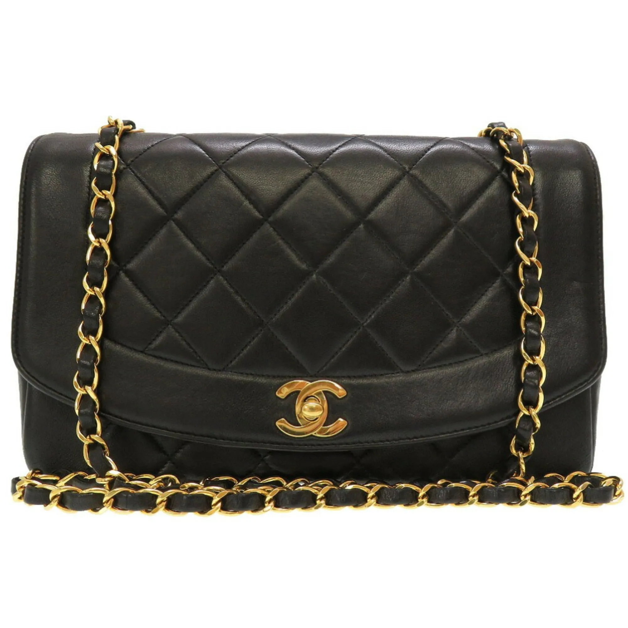 Chanel Diana Matelasse 25 Lambskin Black Gold Chain Shoulder Bag Coco Mark