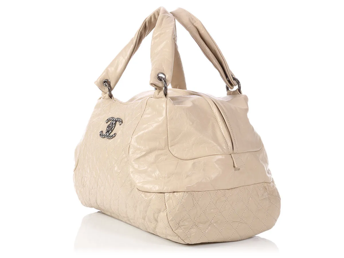 Chanel Extra Large Cream Crinkled Calfskin Bowler