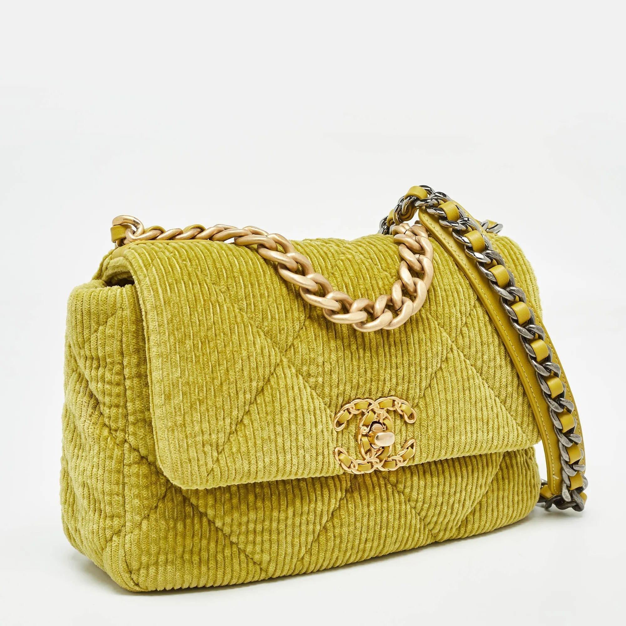 CHANEL Green Quilted Corduroy Medium 19 Flap Bag