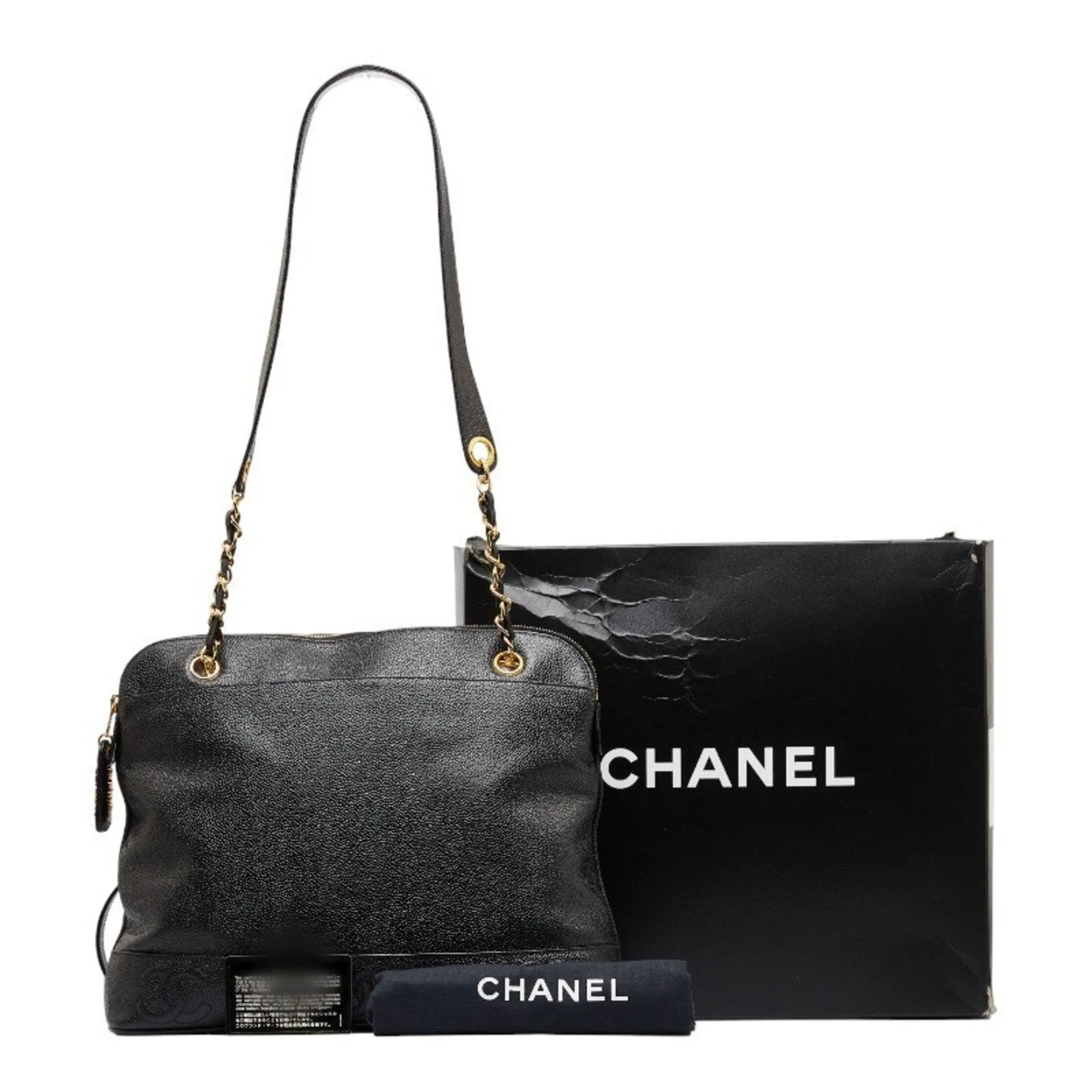 Chanel here mark chain Tote Bag shoulder black caviar skin ladies