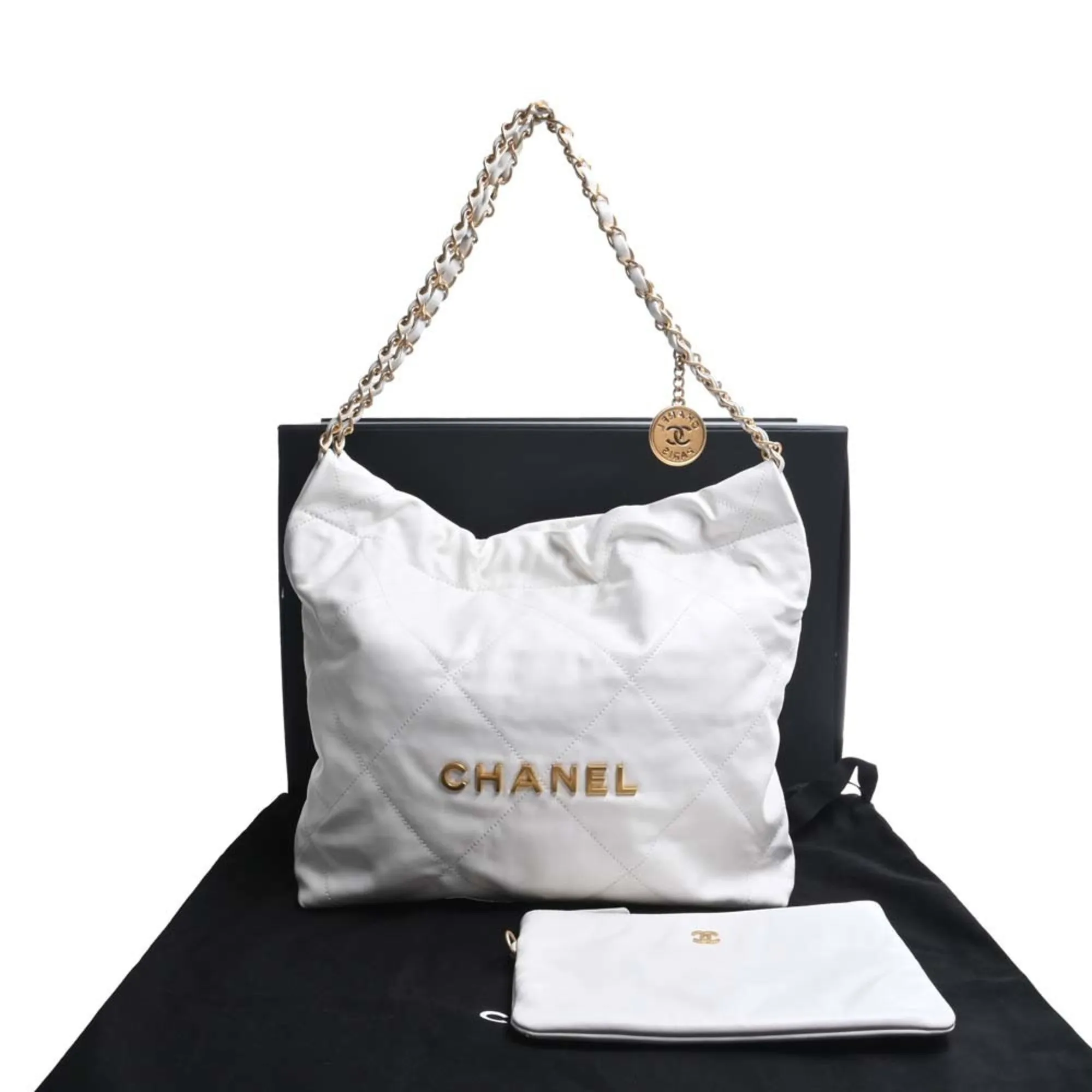 Chanel Leather Quilted  22 Chain Shoulder Bag White Ladies