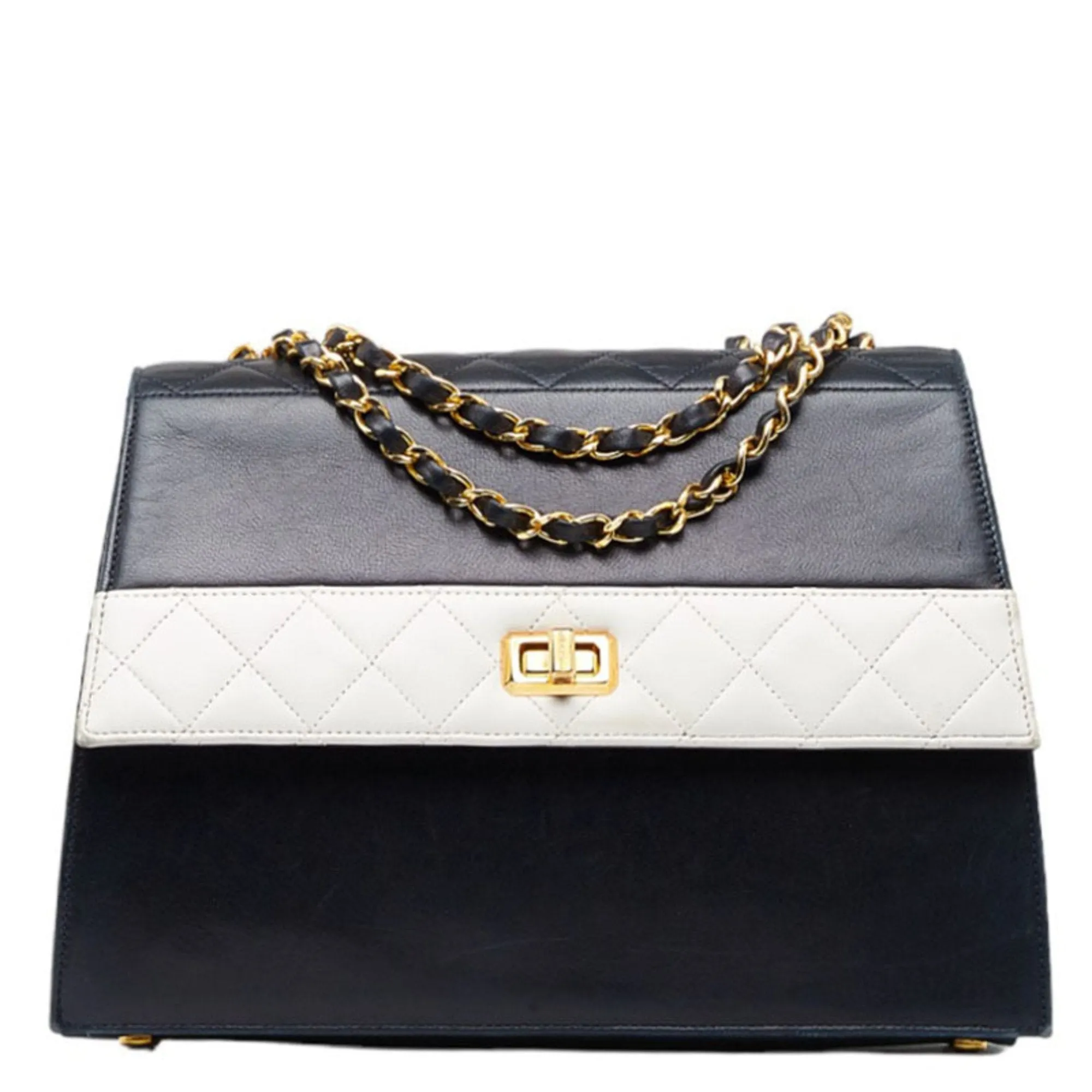 Chanel matelasse bicolor chain shoulder Bag navy white lambskin ladies