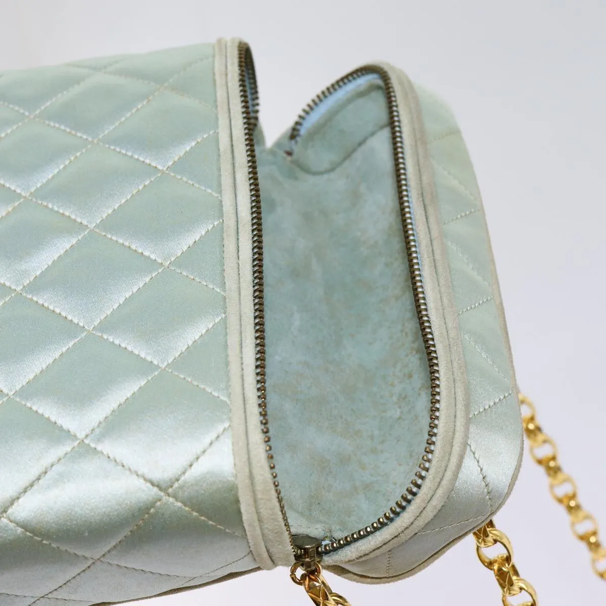 CHANEL Matelasse Chain Shoulder Bag Satin Light Blue CC Auth 70064A