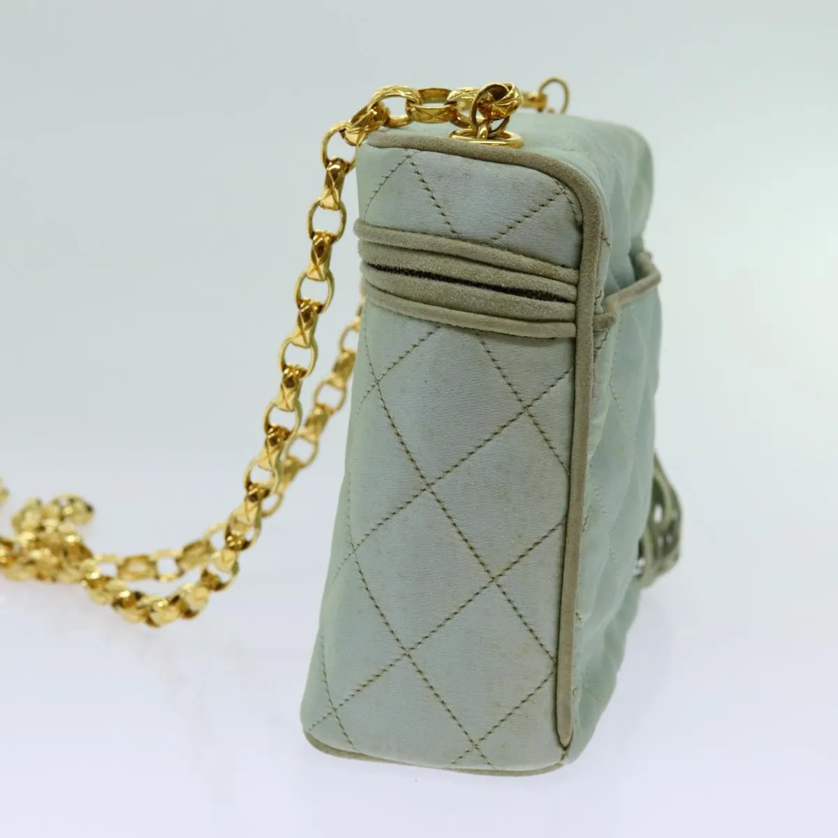 CHANEL Matelasse Chain Shoulder Bag Satin Light Blue CC Auth 70064A