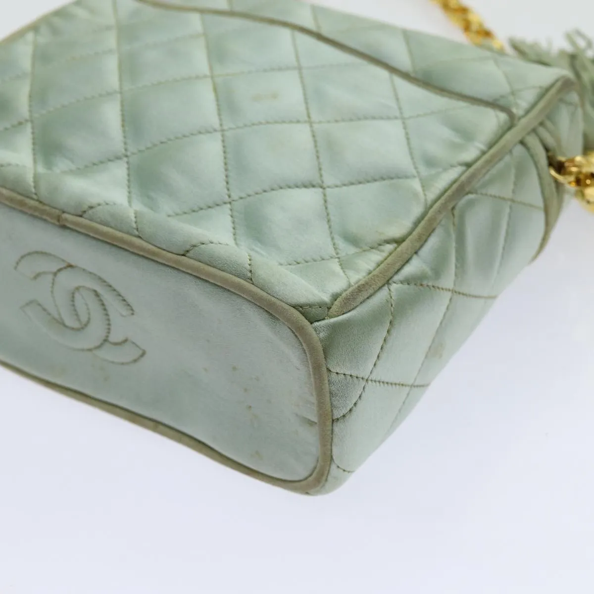 CHANEL Matelasse Chain Shoulder Bag Satin Light Blue CC Auth 70064A