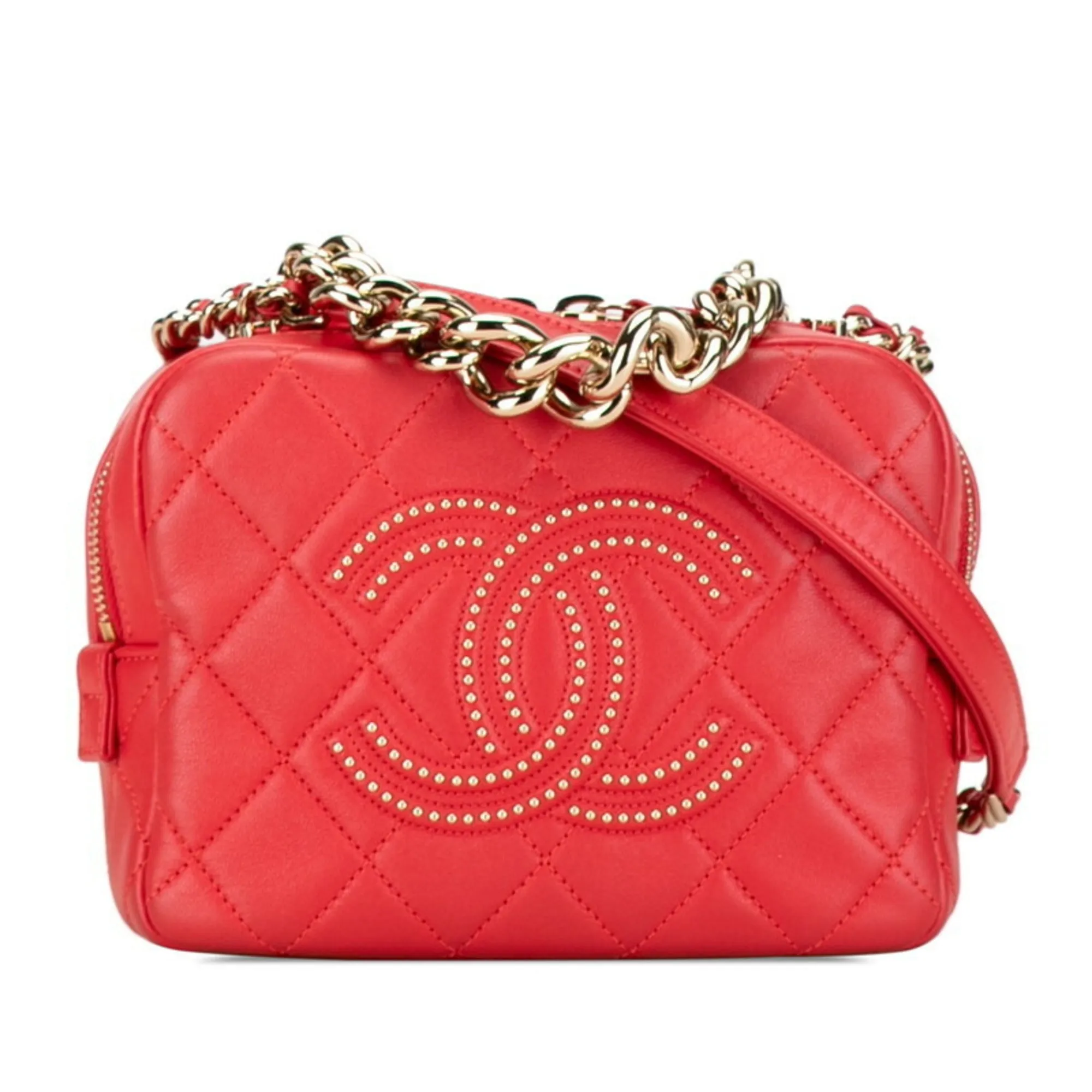 Chanel Matelasse Coco Mark Studs Chain Handbag Shoulder Bag Red Lambskin Women's CHANEL