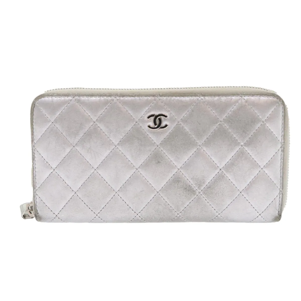 CHANEL Matelasse Wallet Lamb Skin Silver CC Auth 48192