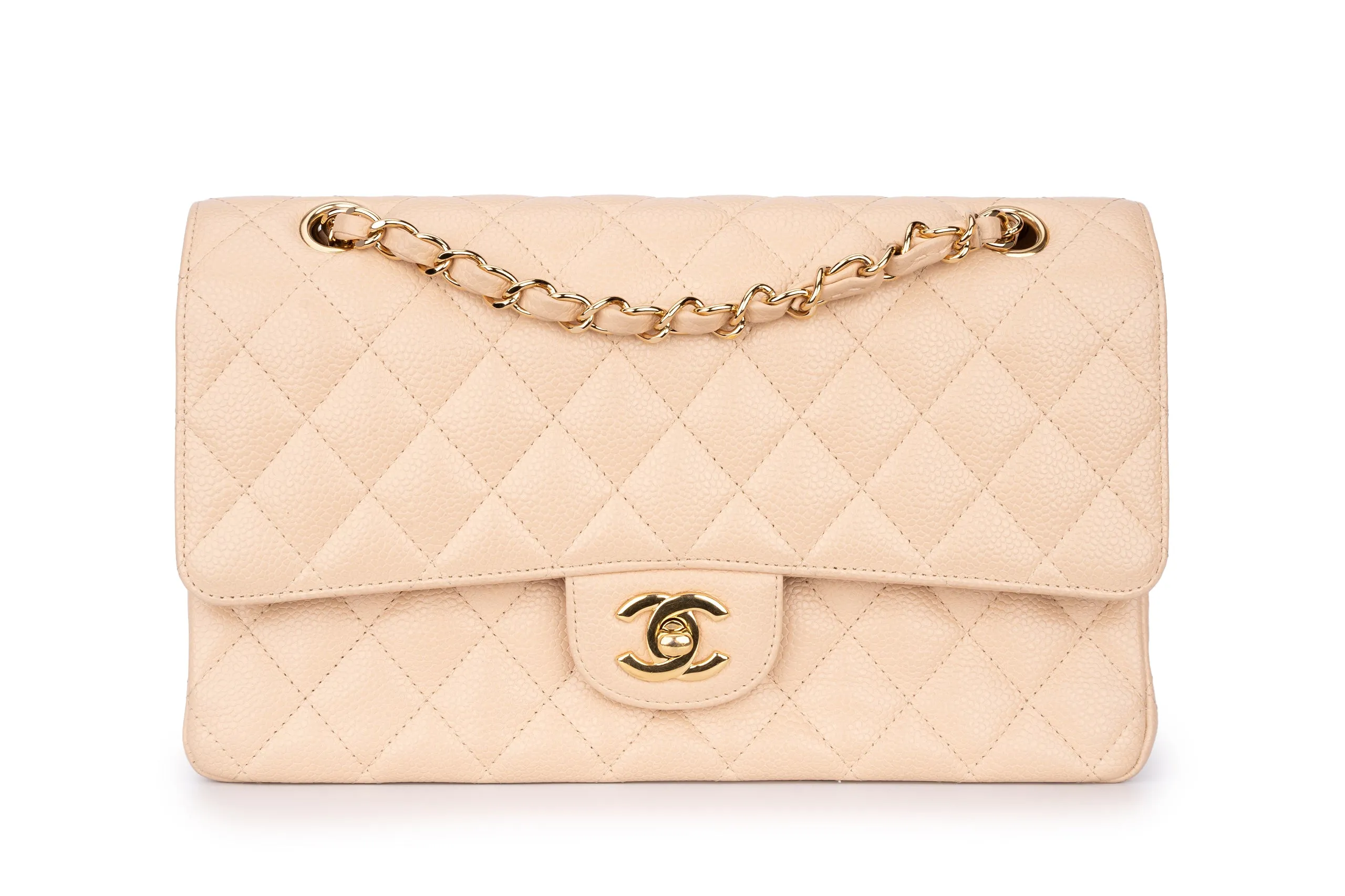 Chanel Med Classic Flap Caviar Beige GHW