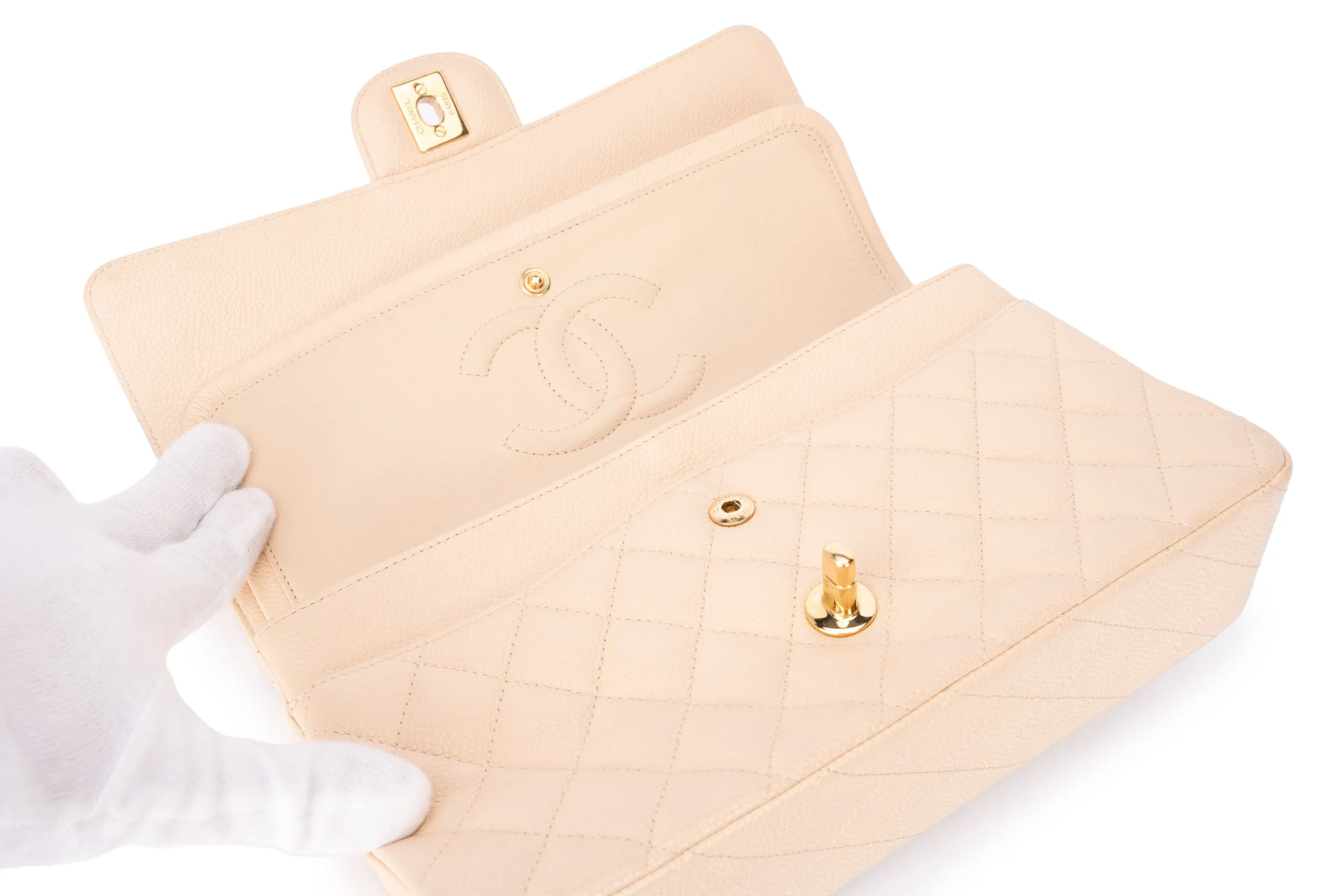 Chanel Med Classic Flap Caviar Beige GHW