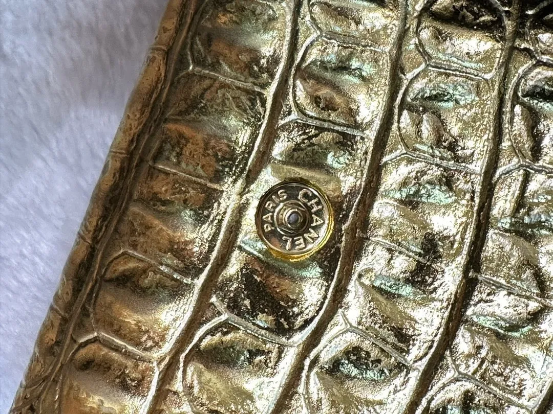 Chanel Metallic Calfskin Crocodile Embossed Cocodile Compact Flap Wallet Gold GHW