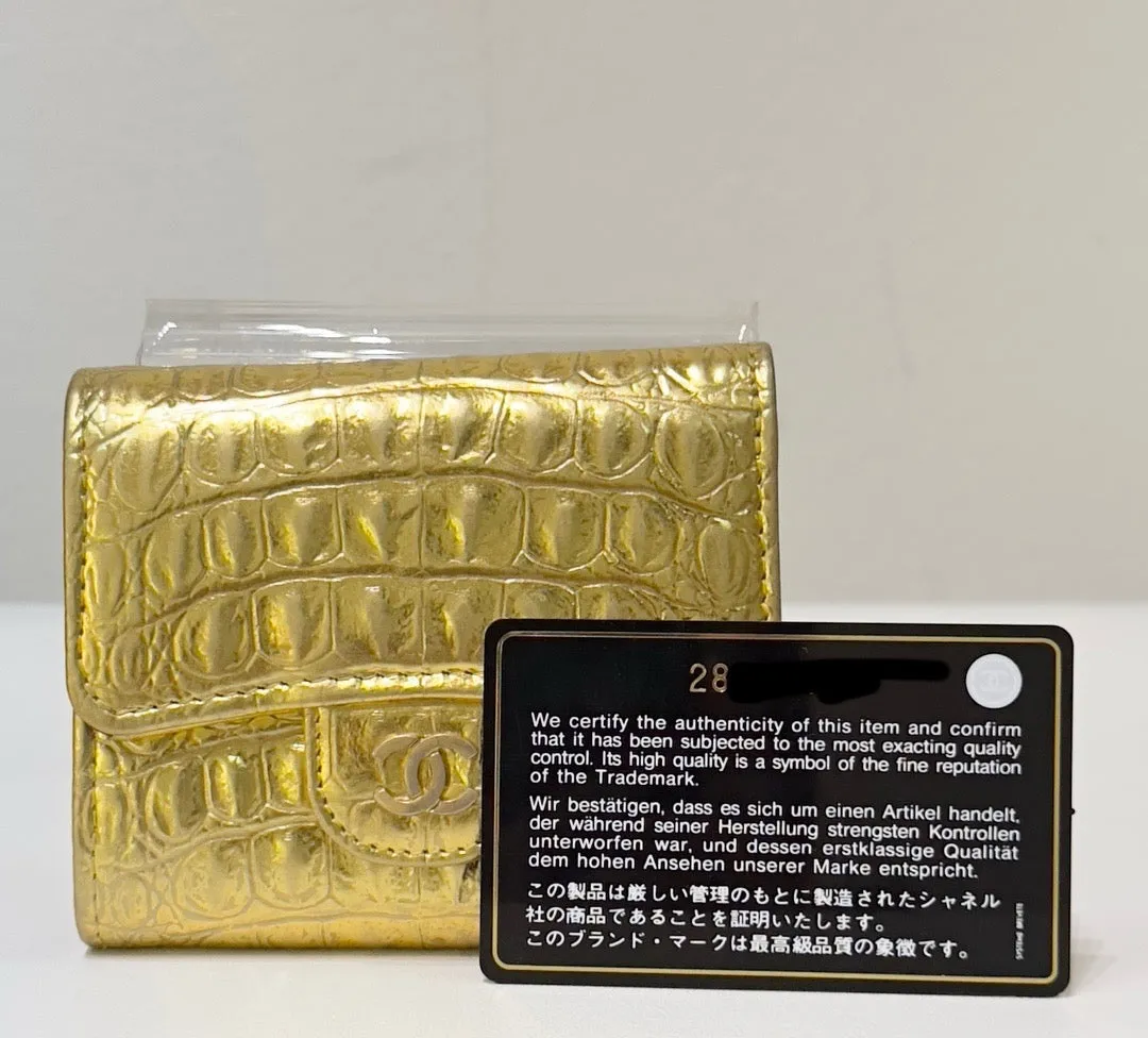 Chanel Metallic Calfskin Crocodile Embossed Cocodile Compact Flap Wallet Gold GHW