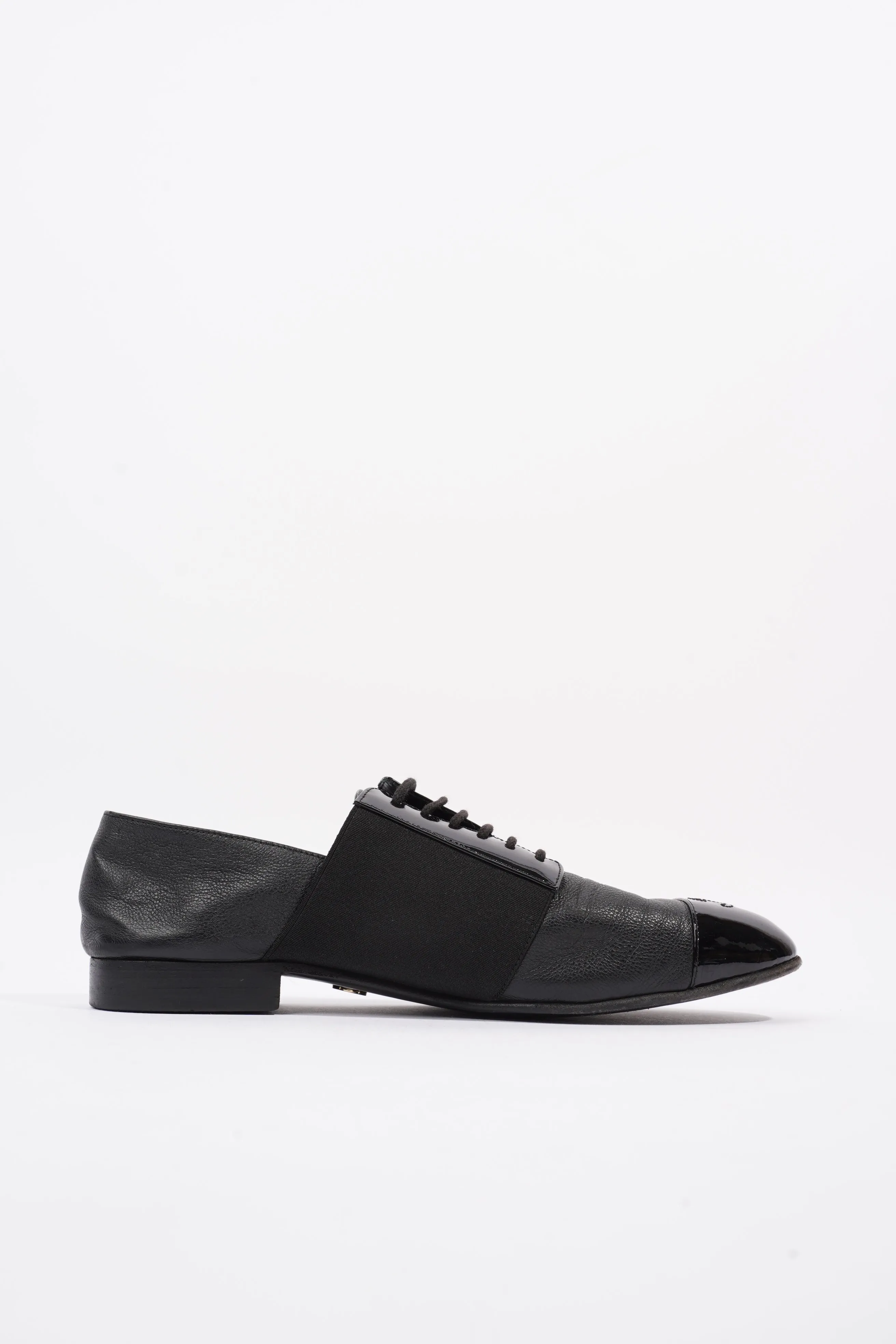 Chanel Patent Toe Cap Lace Up Shoes Black Leather EU 41.5 UK 8.5