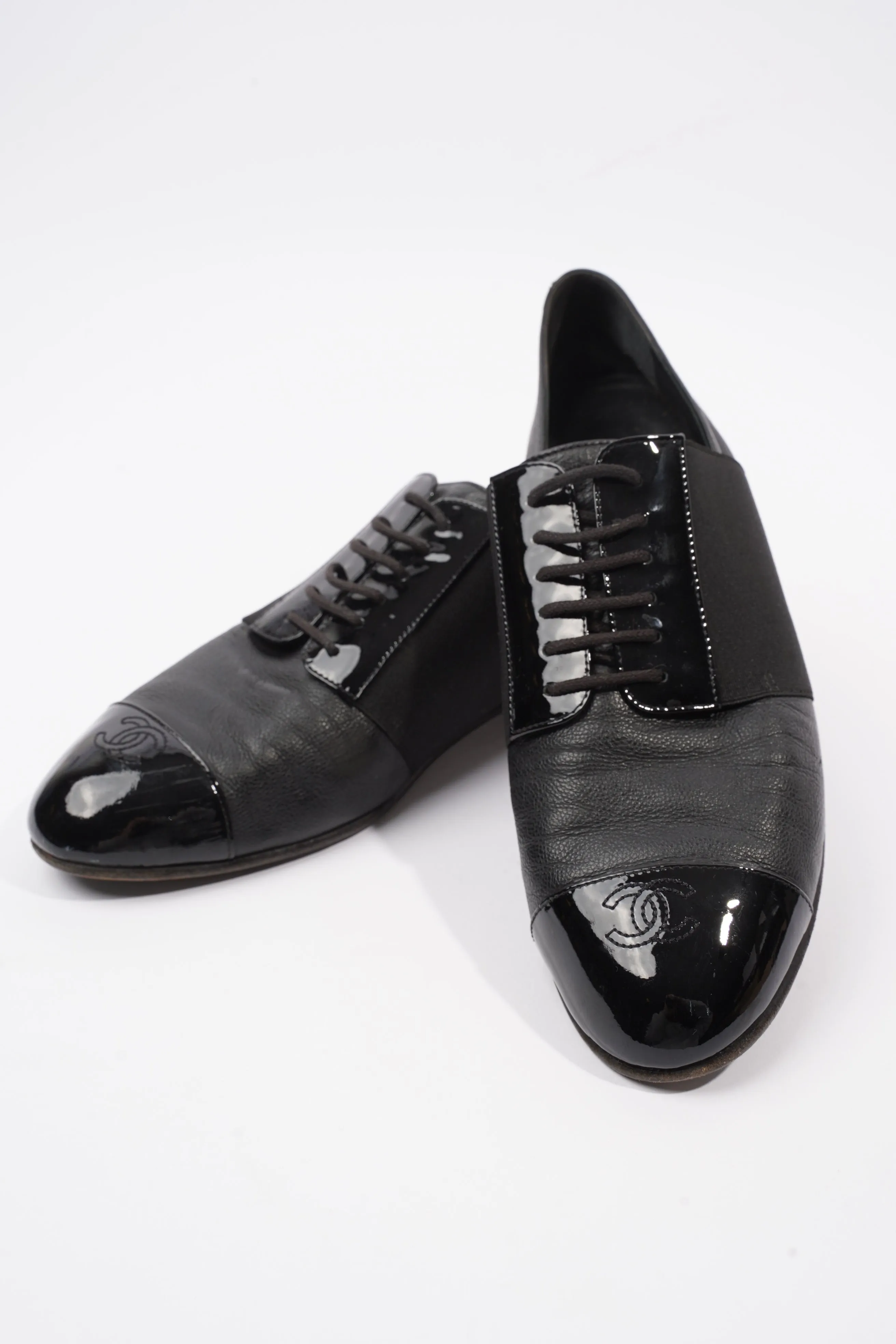 Chanel Patent Toe Cap Lace Up Shoes Black Leather EU 41.5 UK 8.5