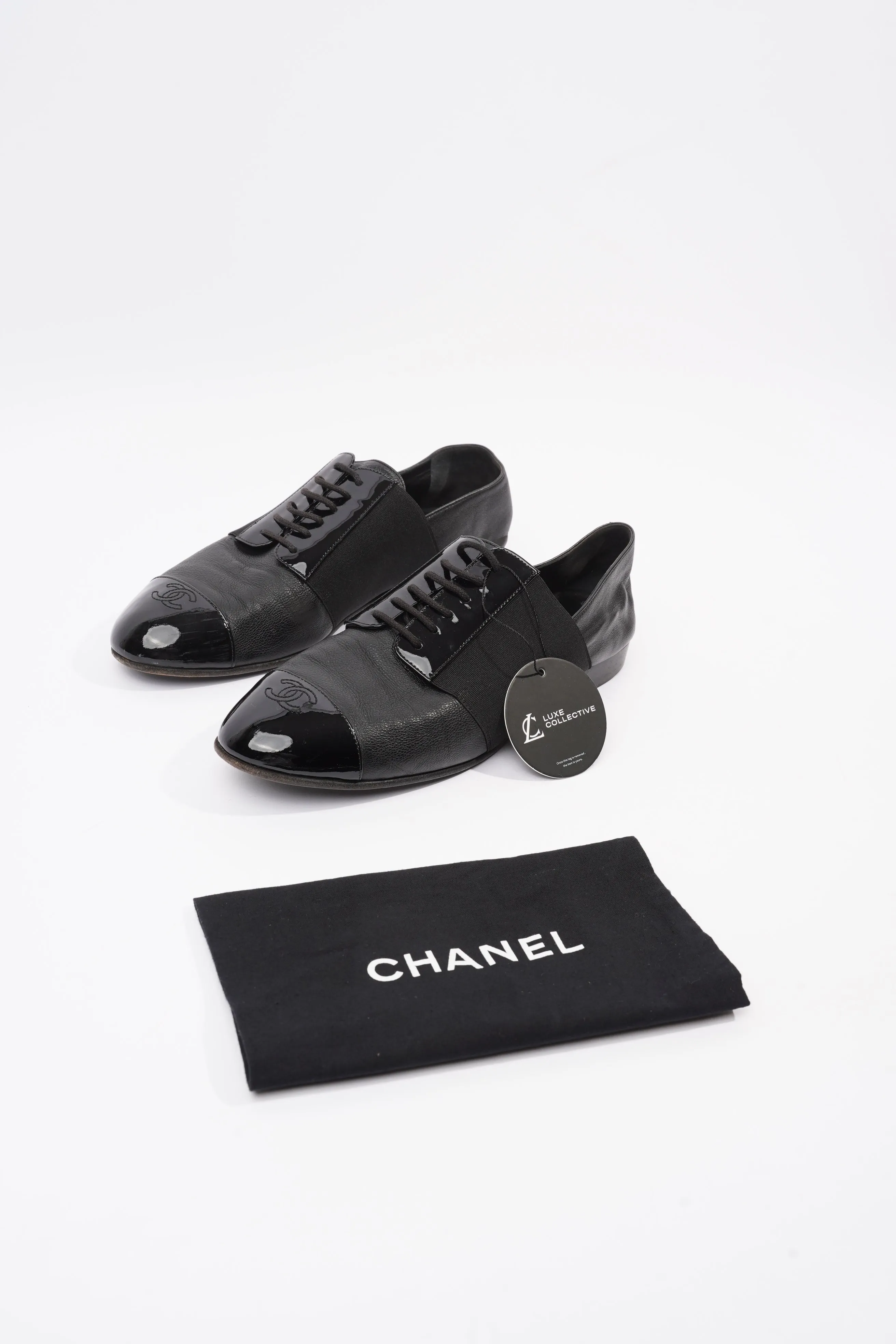 Chanel Patent Toe Cap Lace Up Shoes Black Leather EU 41.5 UK 8.5