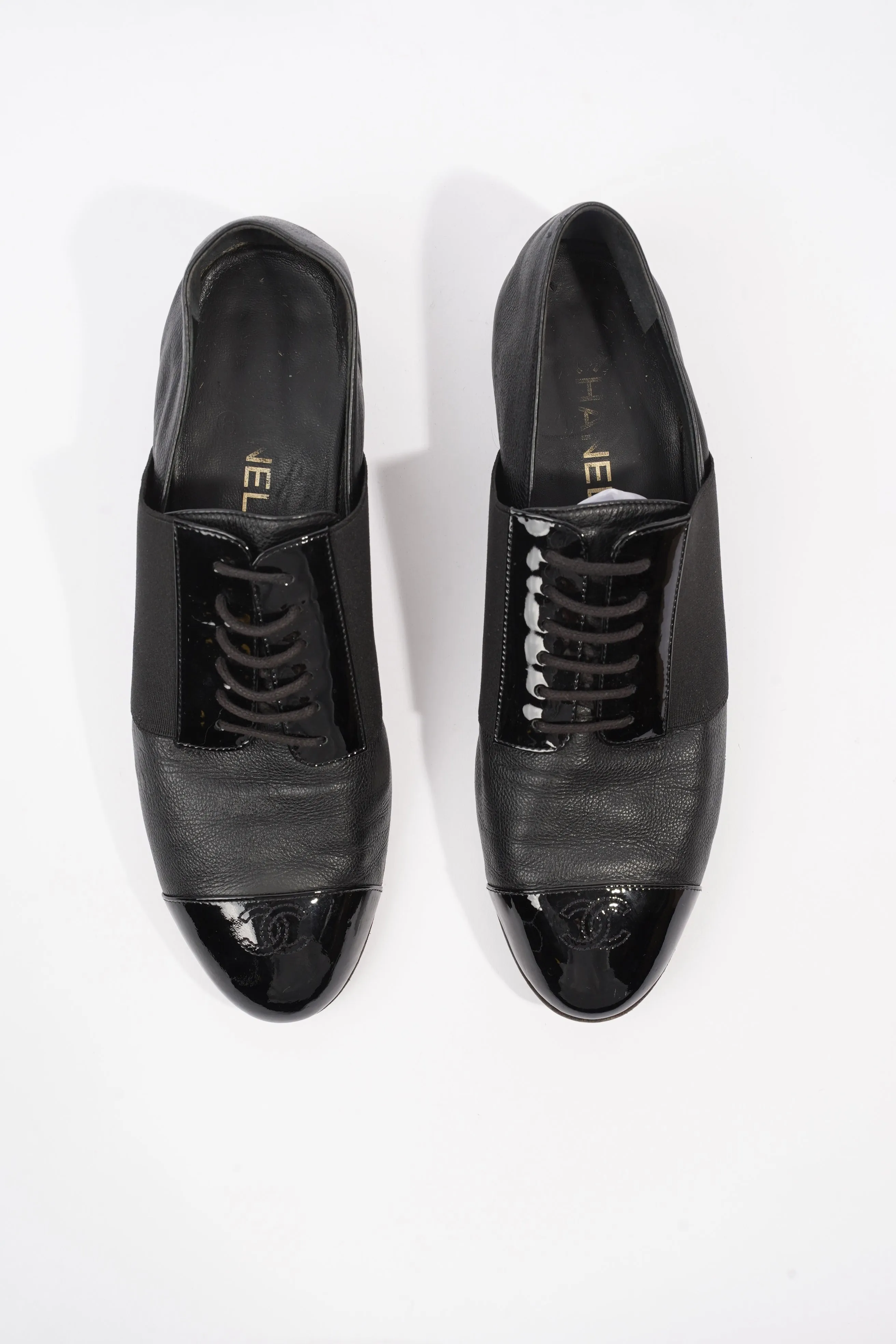 Chanel Patent Toe Cap Lace Up Shoes Black Leather EU 41.5 UK 8.5