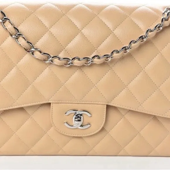 CHANEL QUILTED LAMBSKIN DOUBLE FLAP BEIGE SHOULDER BAG