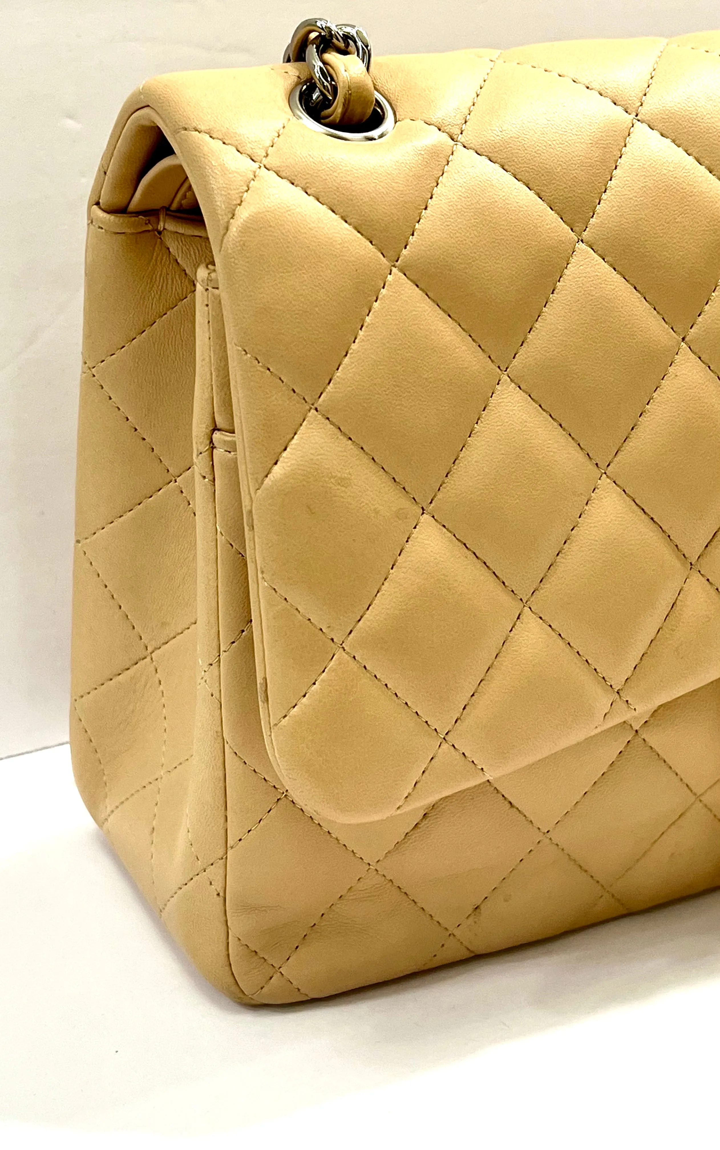 CHANEL QUILTED LAMBSKIN DOUBLE FLAP BEIGE SHOULDER BAG