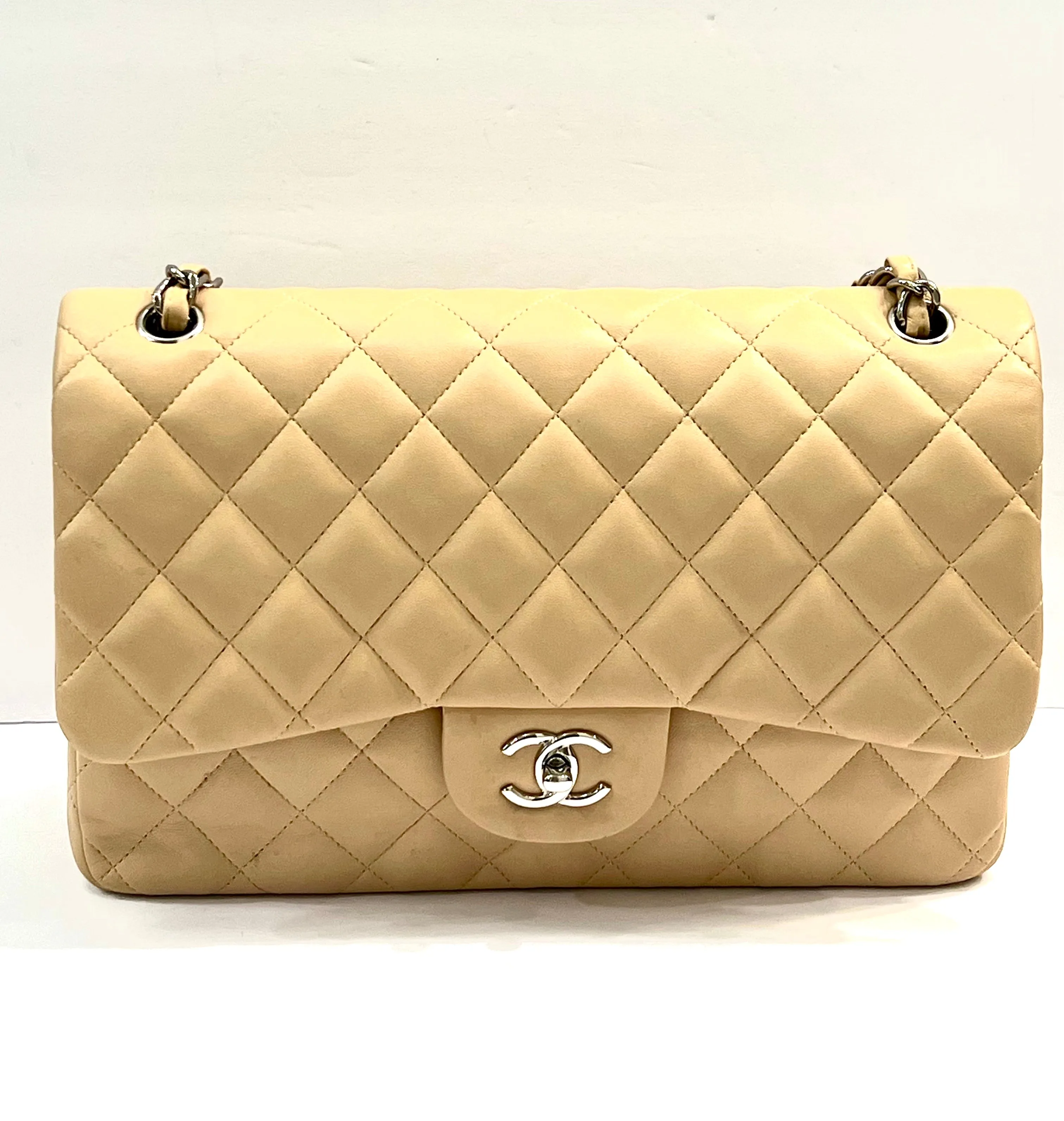 CHANEL QUILTED LAMBSKIN DOUBLE FLAP BEIGE SHOULDER BAG