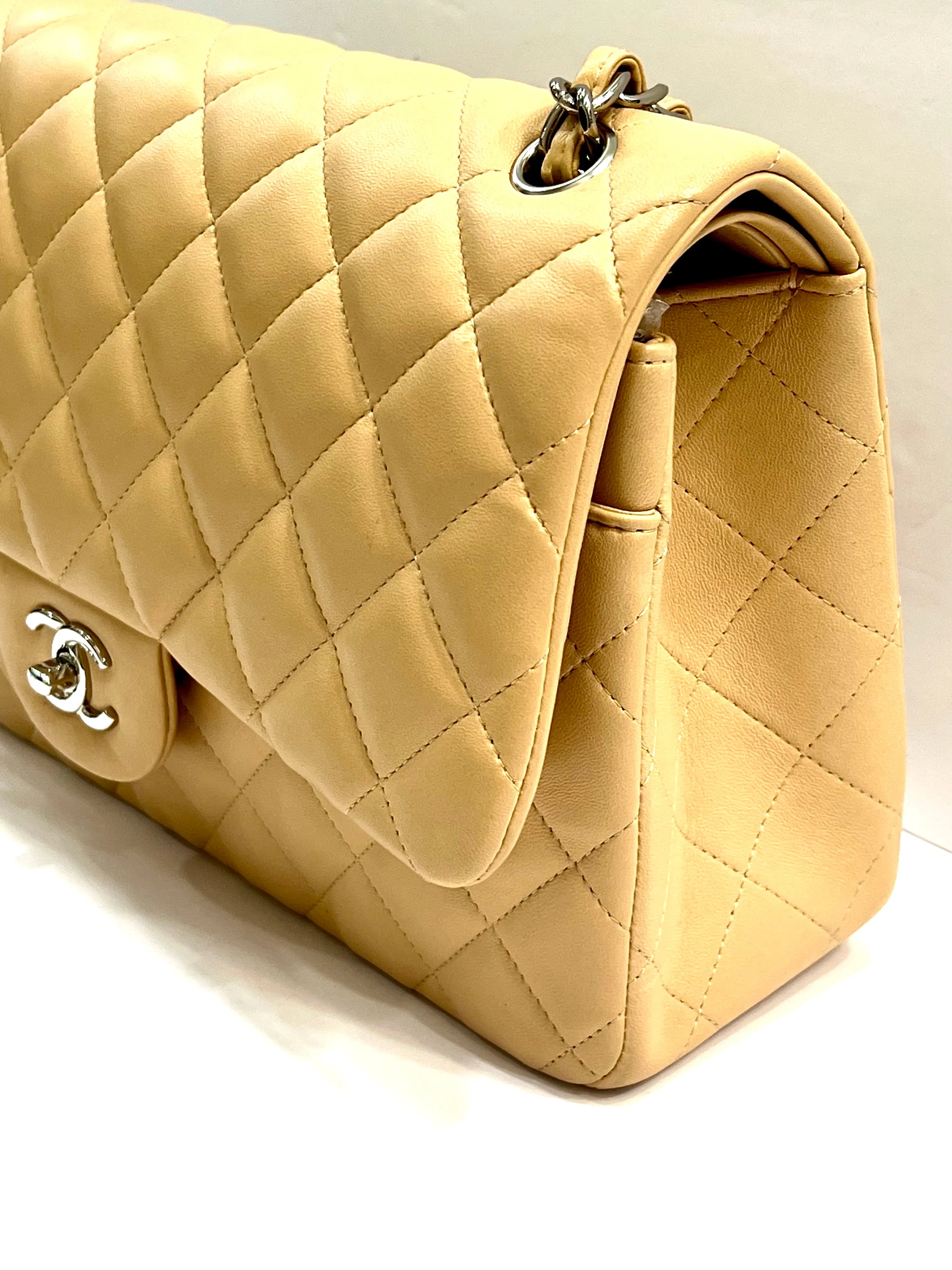 CHANEL QUILTED LAMBSKIN DOUBLE FLAP BEIGE SHOULDER BAG