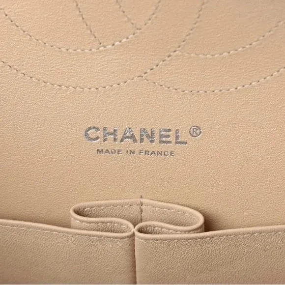 CHANEL QUILTED LAMBSKIN DOUBLE FLAP BEIGE SHOULDER BAG