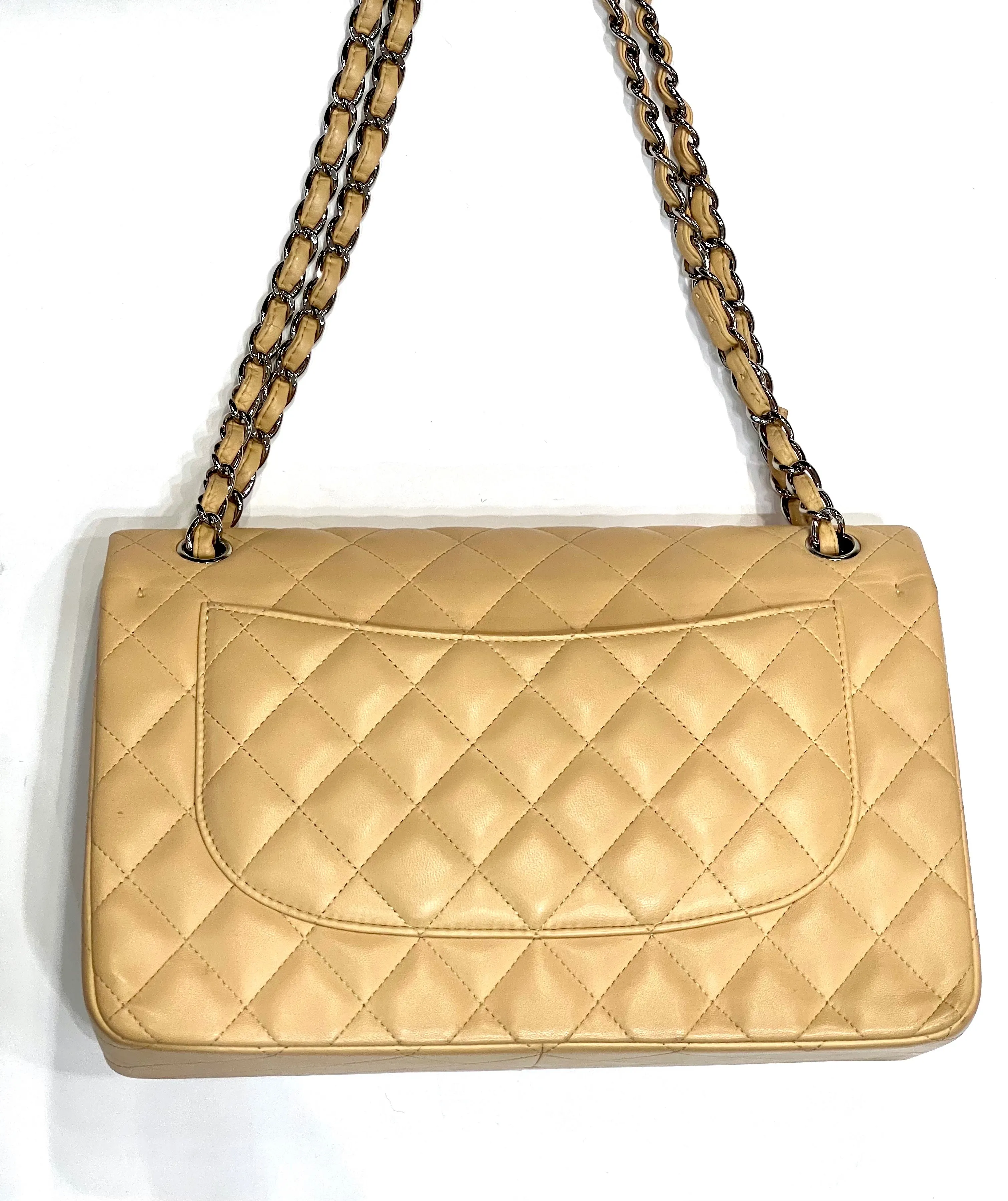 CHANEL QUILTED LAMBSKIN DOUBLE FLAP BEIGE SHOULDER BAG