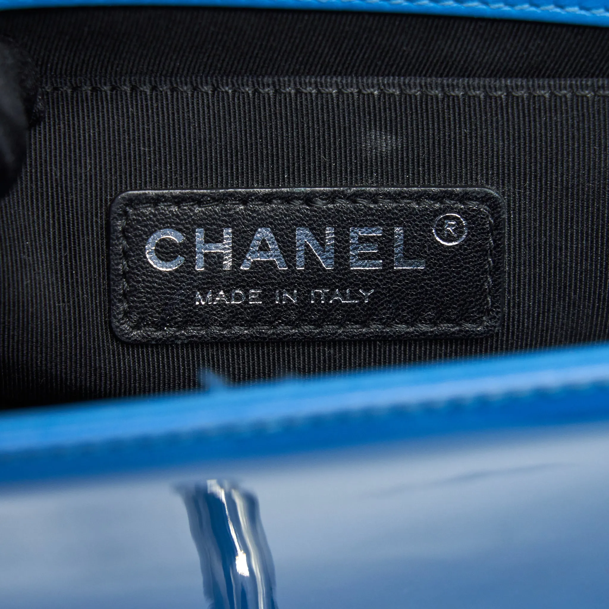 CHANEL SMALL LE BOY BAG IN PATENT LEATHER BLUE SHW