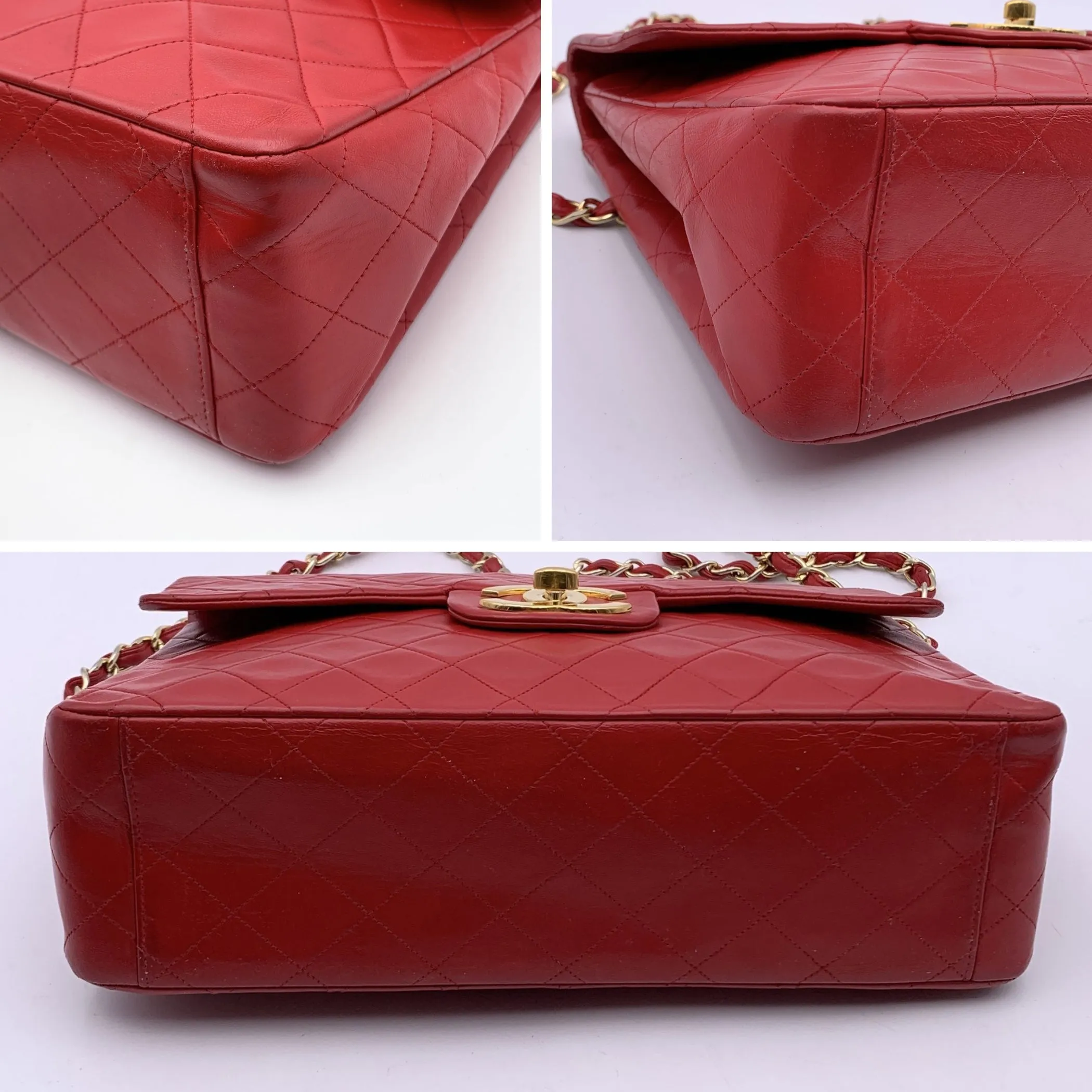 CHANEL Vintage Red Quilted Jumbo Classic Flap 2.55 Shoulder Bag