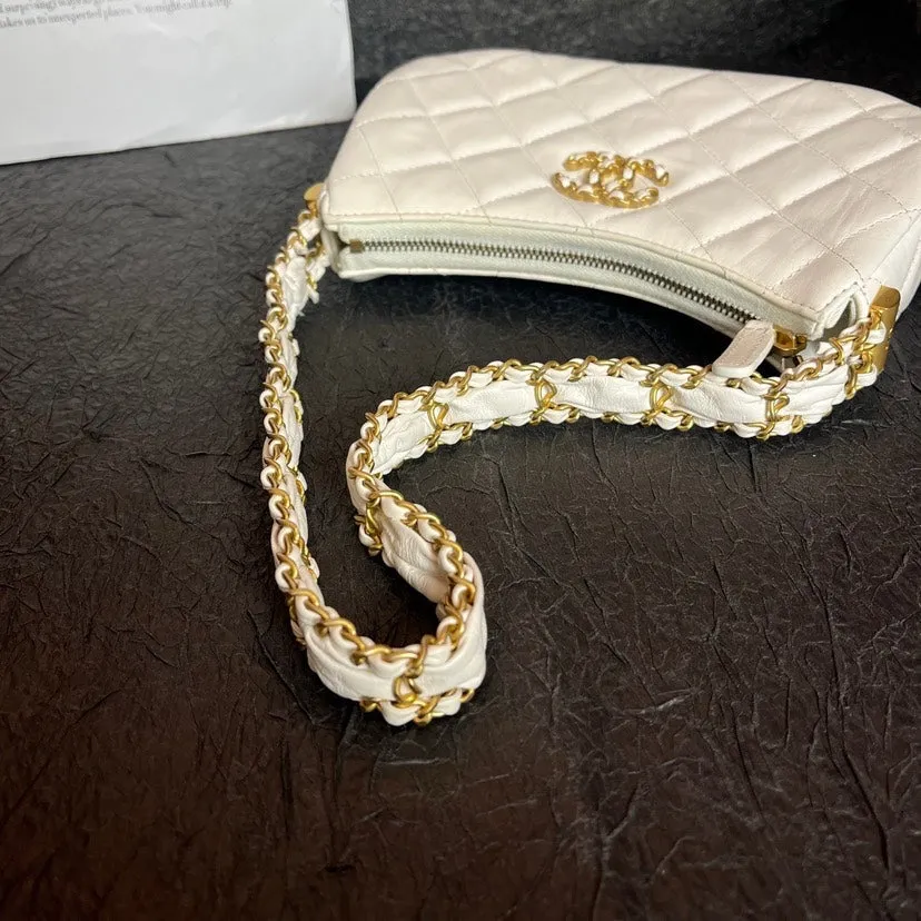 Chanel White Small Hobo Underarm Bag Gold Chain 22K