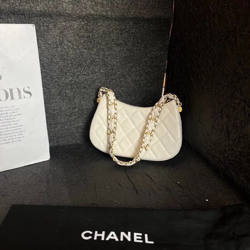 Chanel White Small Hobo Underarm Bag Gold Chain 22K
