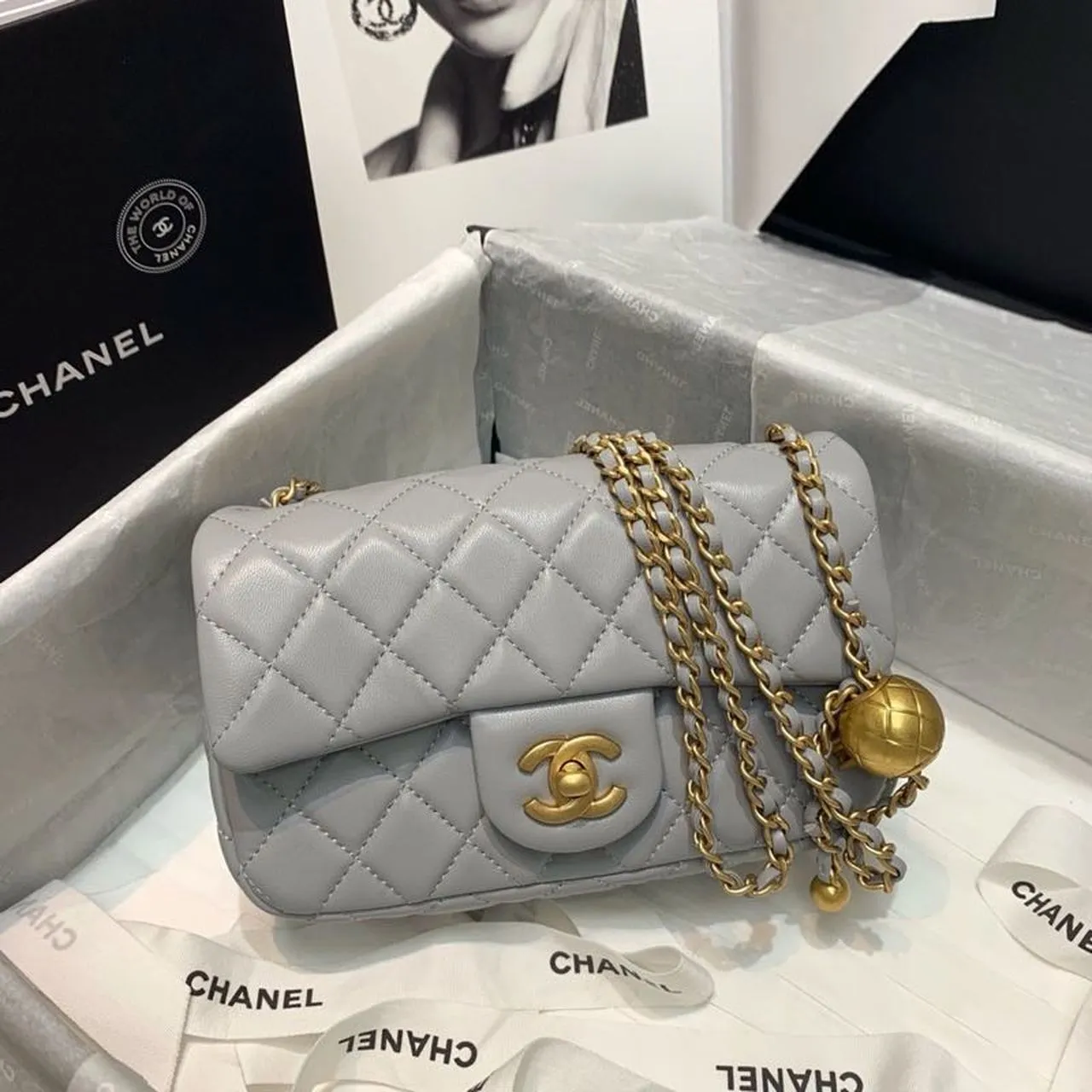 CHLFlap Bag With CHLBall On Strap Grey For Women, Women&#8217;s Handbags, Shoulder And Crossbody Bags 7.8in/20cm AS1787