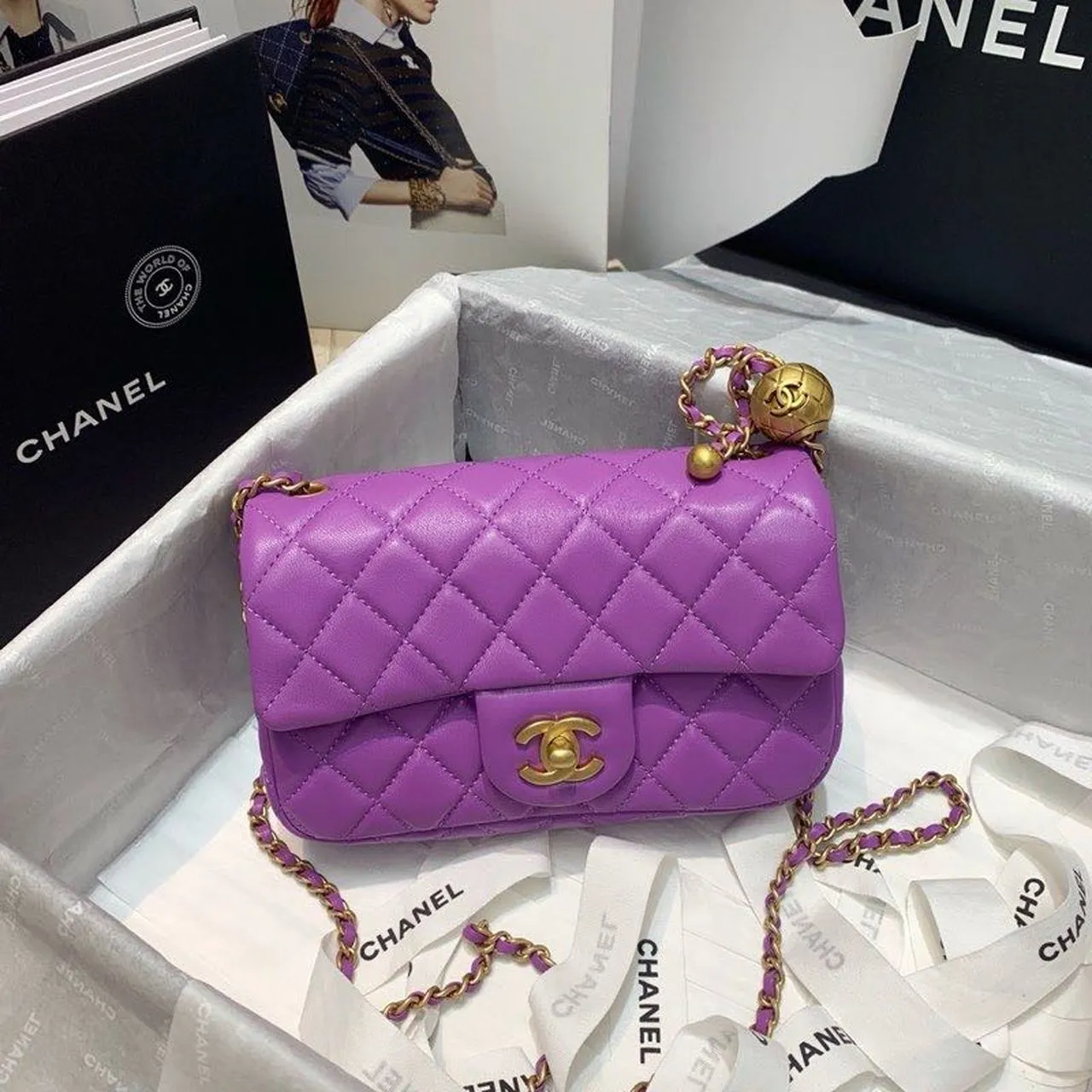 CHLFlap Bag With CHLBall On Strap Purple For Women, Women&#8217;s Handbags, Shoulder And Crossbody Bags 7.8in/20cm AS1787