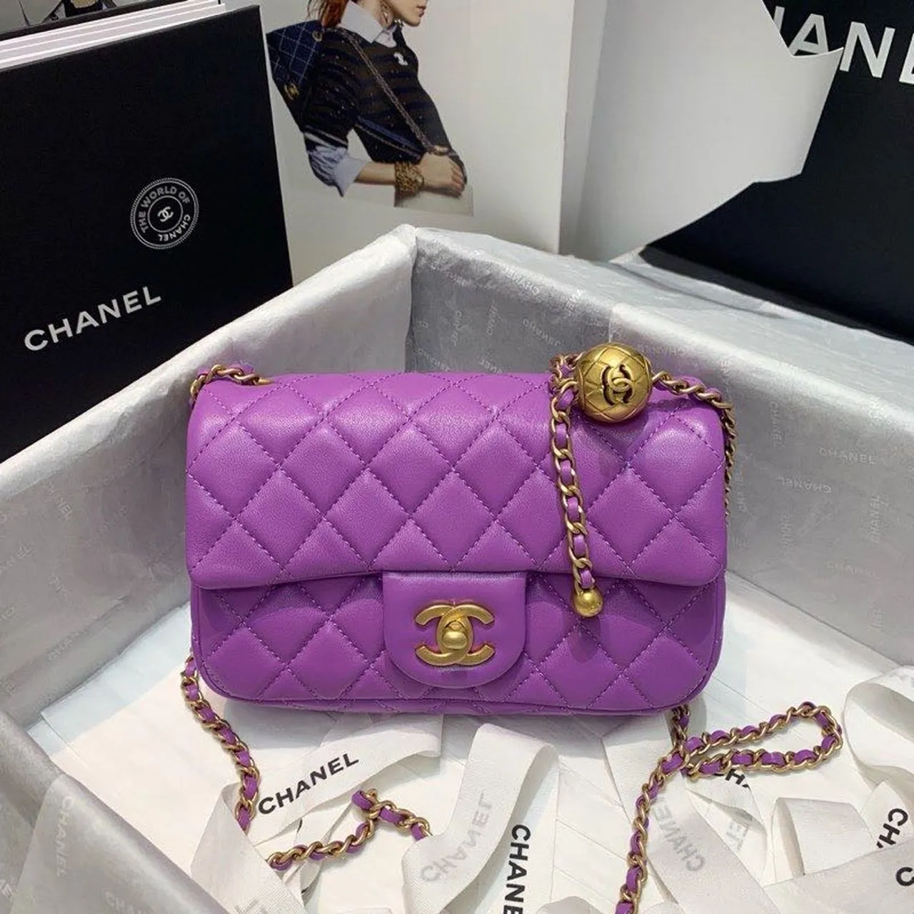 CHLFlap Bag With CHLBall On Strap Purple For Women, Women&#8217;s Handbags, Shoulder And Crossbody Bags 7.8in/20cm AS1787