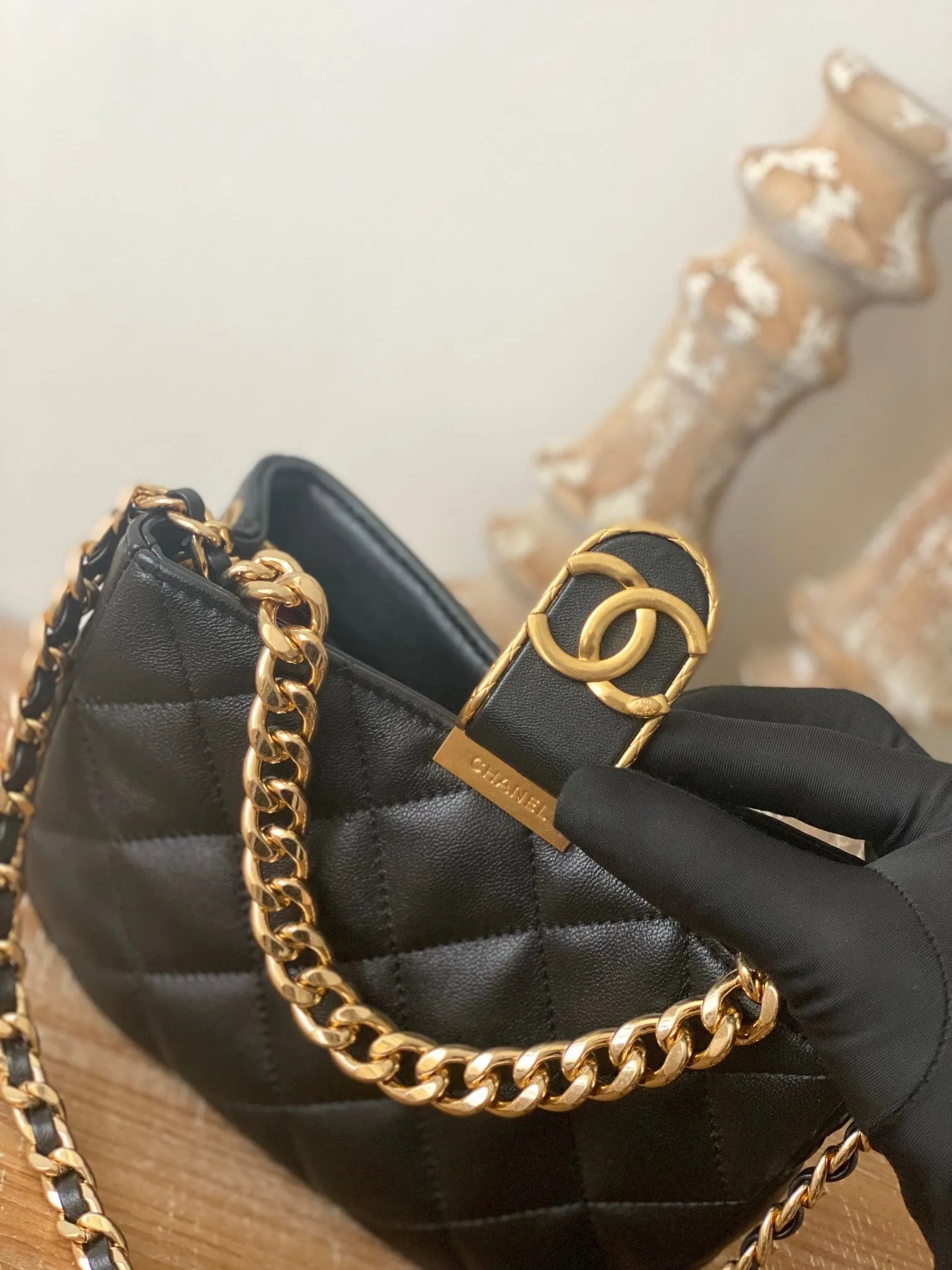 CHLSmall Hobo Bag Gold Hardware Black For Women, Women&#8217;s Handbags, Shoulder Bags 7.5in/19cm