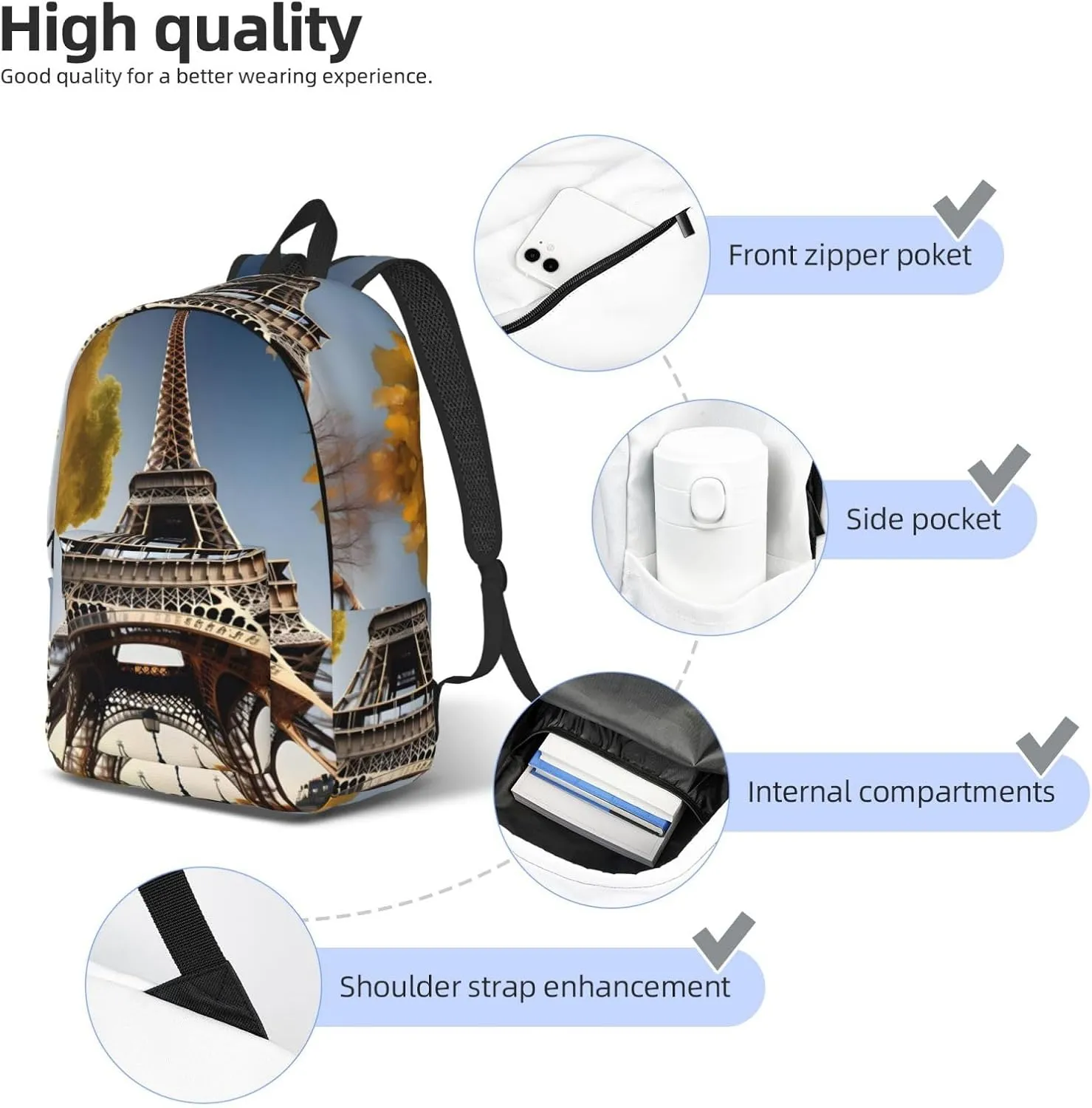 Cityscape Paris Eiffel Tower France Print Canvas Backpack Women,Mens Travel Casual Daypack Bookbag For Laptop Work Travel Hiking